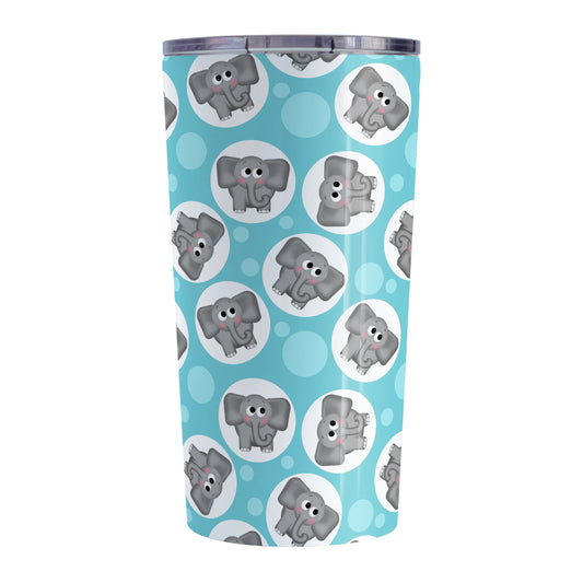 Cute Turquoise Elephant Pattern Tumbler Cup (20oz, stainless steel insulated) at Amy's Coffee Mugs. A tumbler cup designed with cute and affectionate gray elephants in white circles scattered over a turquoise background color in a pattern that wraps around the cup.