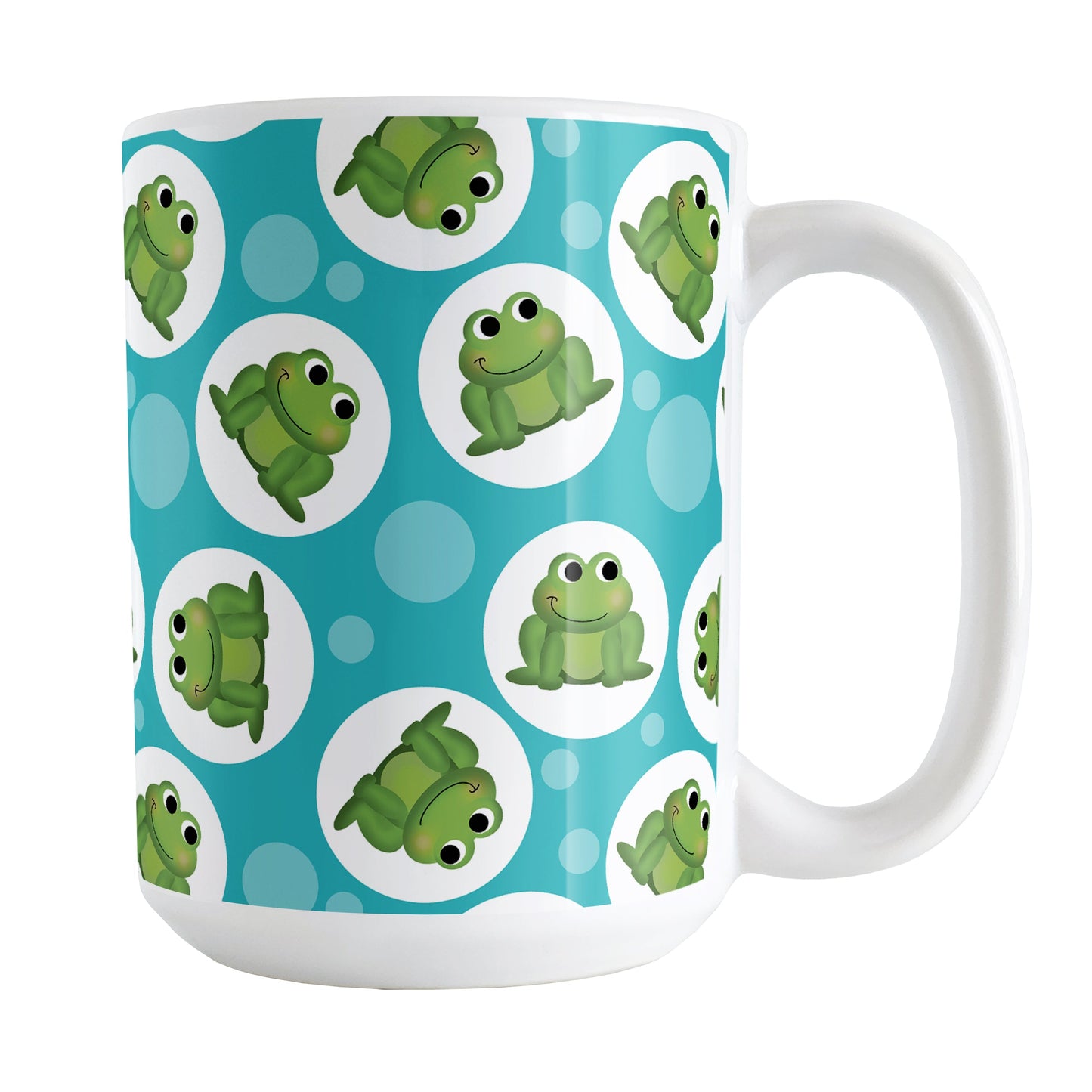 Cute Turquoise Frog Pattern Mug (15oz) at Amy's Coffee Mugs. A ceramic coffee mug designed with cute and smiling green frogs in white circles scattered over a turquoise background color in a pattern that wraps around the mug up to the handle.