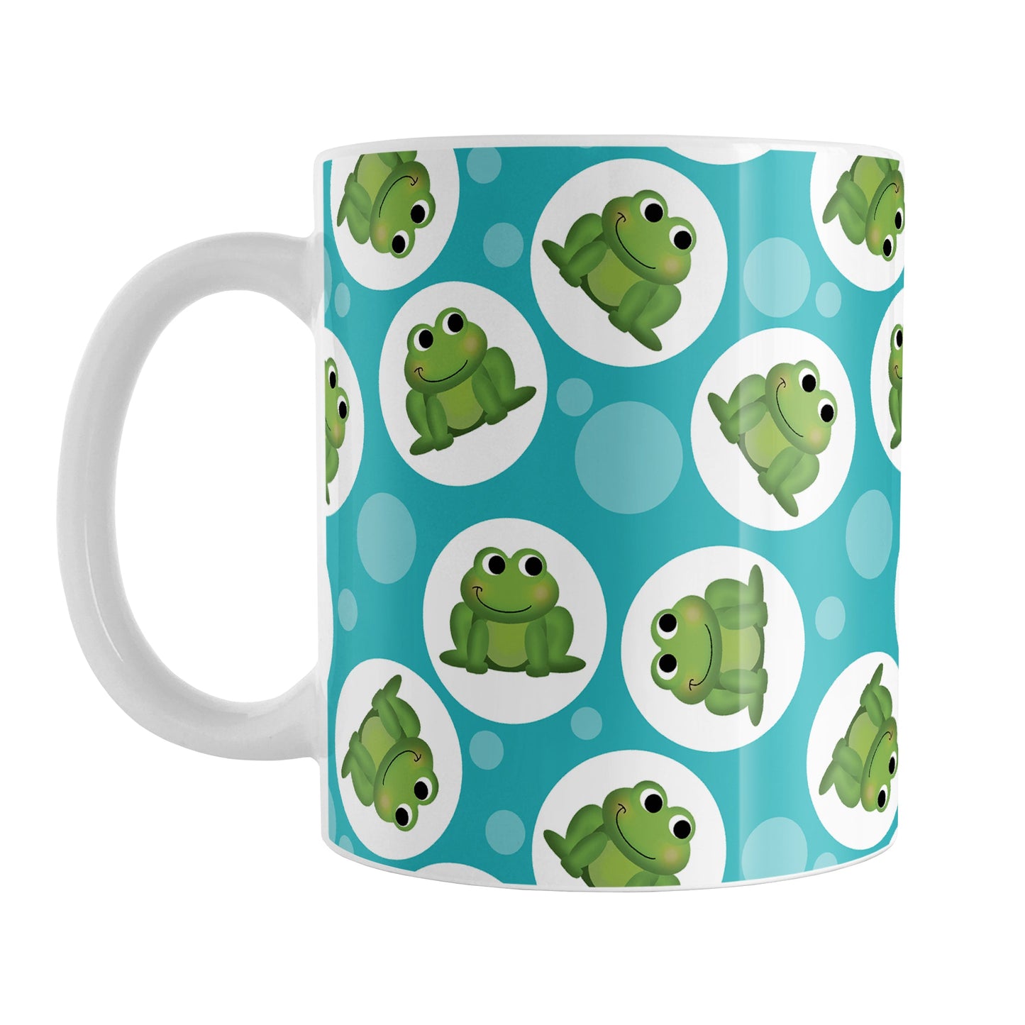 Cute Turquoise Frog Pattern Mug (11oz) at Amy's Coffee Mugs. A ceramic coffee mug designed with cute and smiling green frogs in white circles scattered over a turquoise background color in a pattern that wraps around the mug up to the handle.