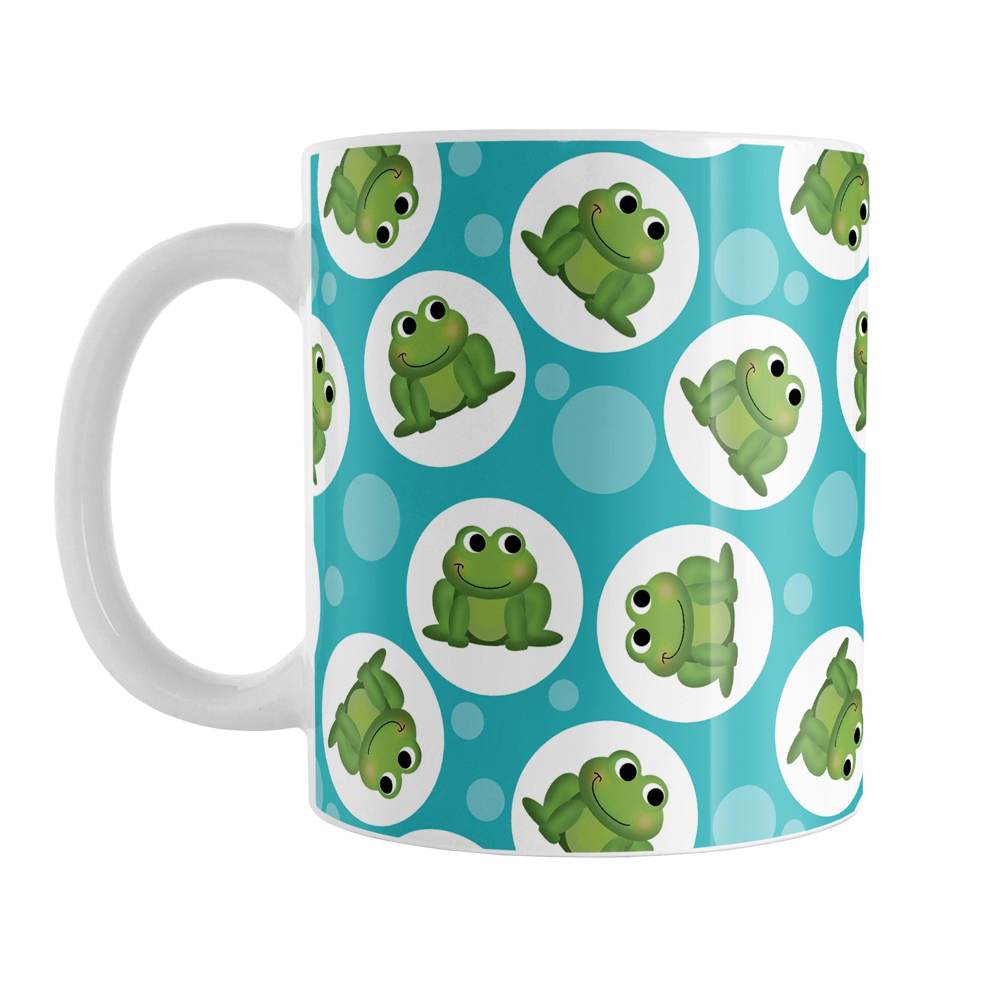 Cute Turquoise Frog Pattern Mug (11oz) at Amy's Coffee Mugs. A ceramic coffee mug designed with cute and smiling green frogs in white circles scattered over a turquoise background color in a pattern that wraps around the mug up to the handle.
