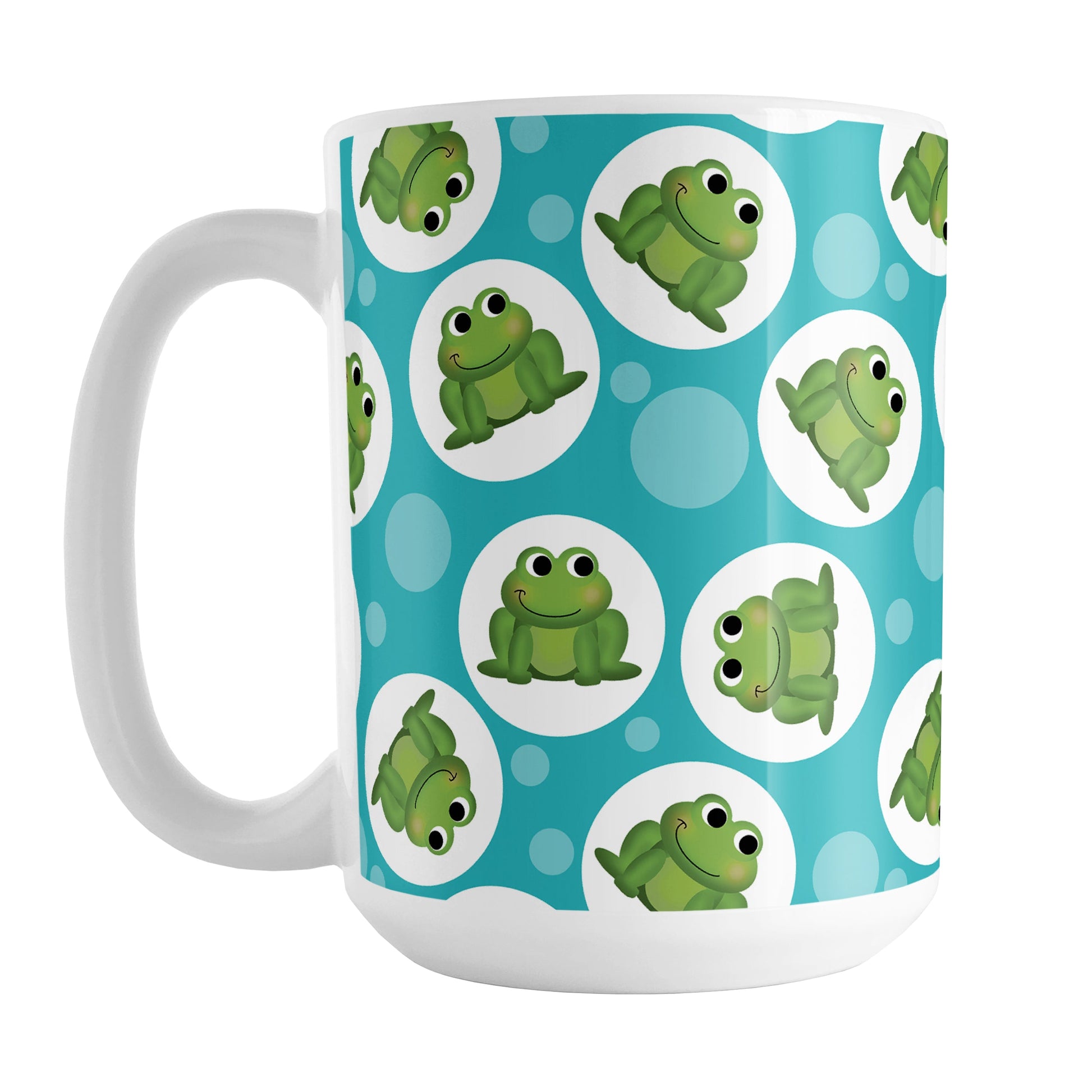 Cute Turquoise Frog Pattern Mug (15oz) at Amy's Coffee Mugs. A ceramic coffee mug designed with cute and smiling green frogs in white circles scattered over a turquoise background color in a pattern that wraps around the mug up to the handle.