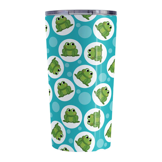 Cute Turquoise Frog Pattern Tumbler Cup (20oz, stainless steel insulated) at Amy's Coffee Mugs. A tumbler cup designed with cute and smiling green frogs in white circles scattered over a turquoise background color in a pattern that wraps around the cup.