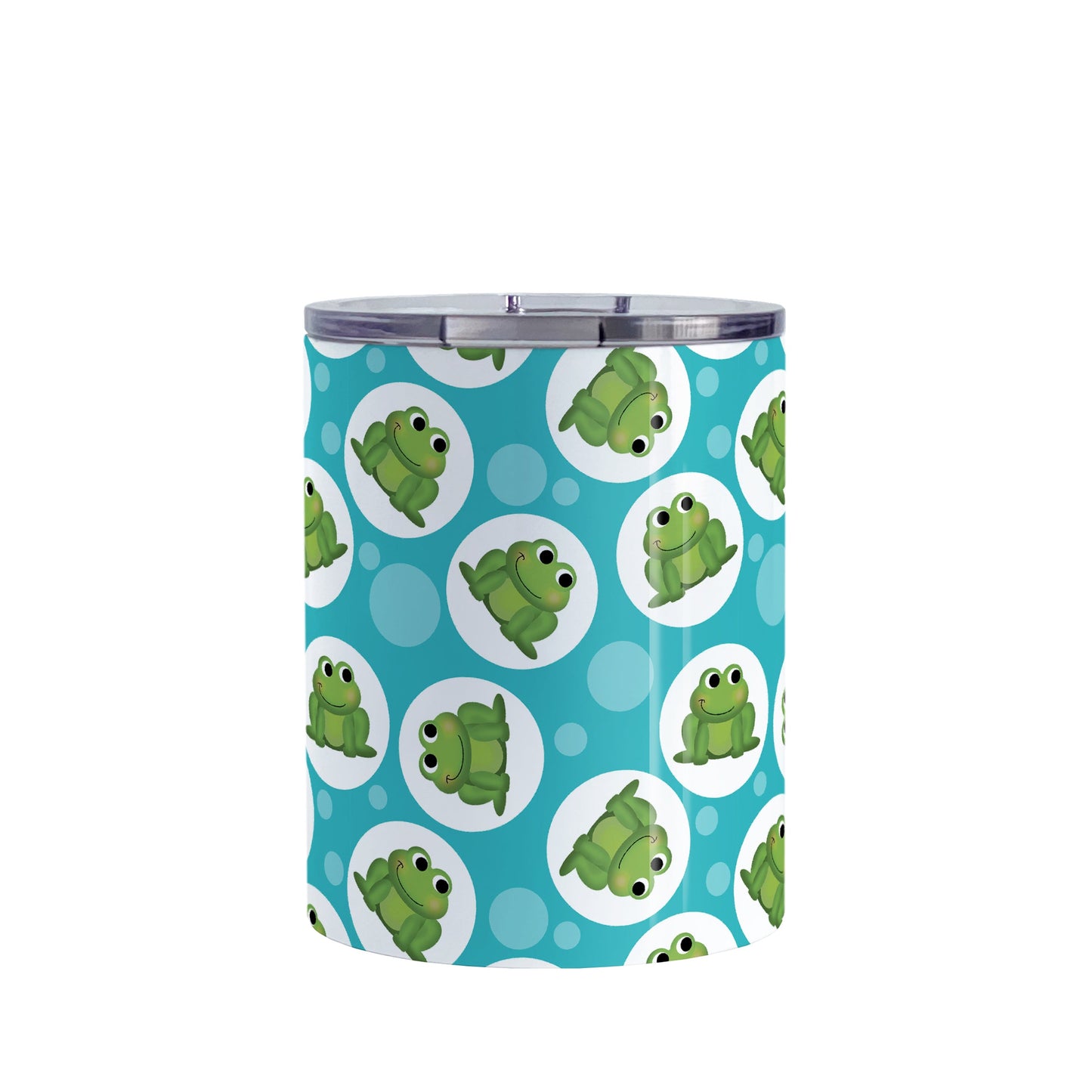 Cute Turquoise Frog Pattern Tumbler Cup (10oz, stainless steel insulated) at Amy's Coffee Mugs. A tumbler cup designed with cute and smiling green frogs in white circles scattered over a turquoise background color in a pattern that wraps around the cup.