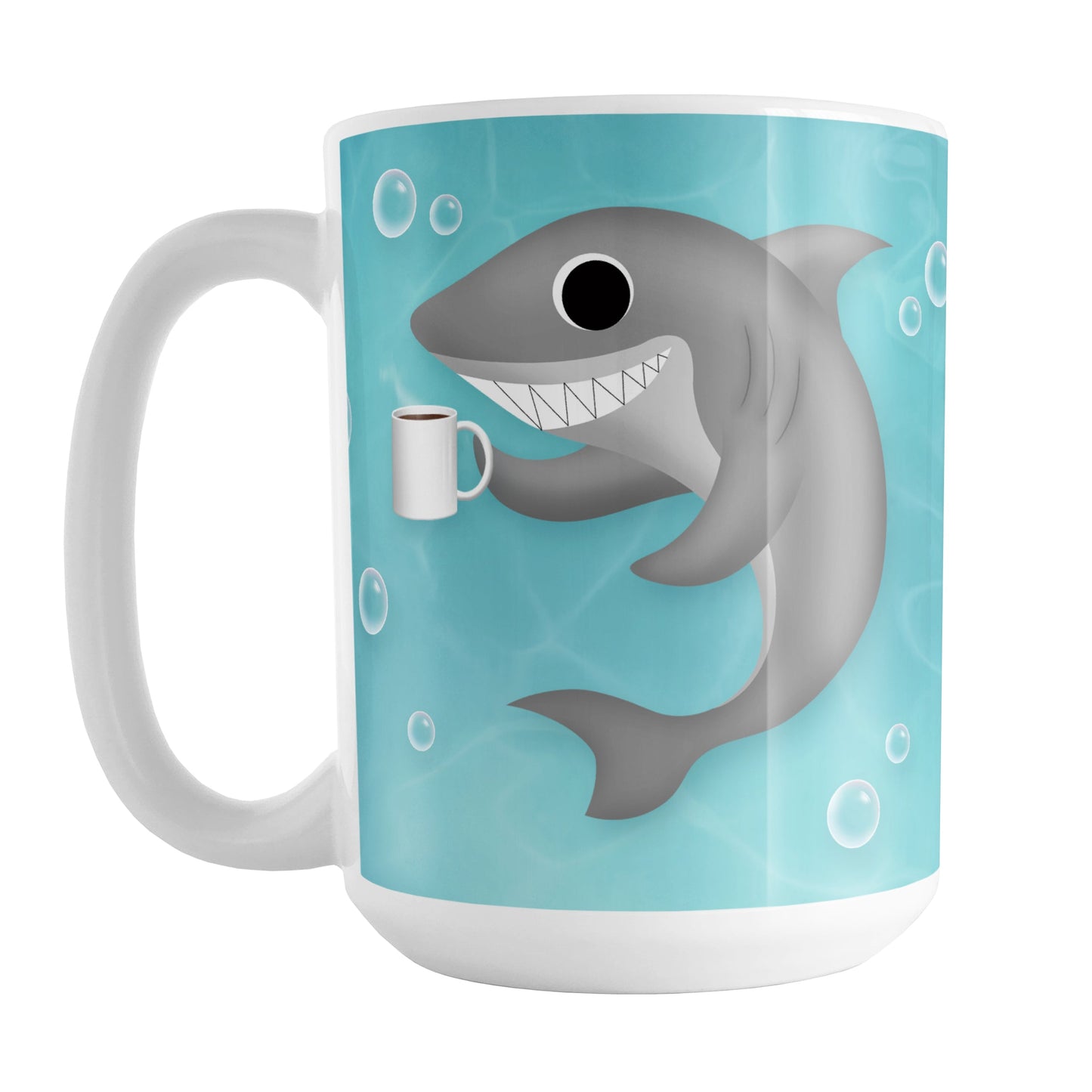 Cute Underwater Coffee Shark Mug (15oz) at Amy's Coffee Mugs. A ceramic coffee mug designed with an under the sea illustration of a cute shark smiling and holding a cup of coffee on both sides of the mug over a turquoise underwater background with bubbles that wraps around the mug up to the handle.
