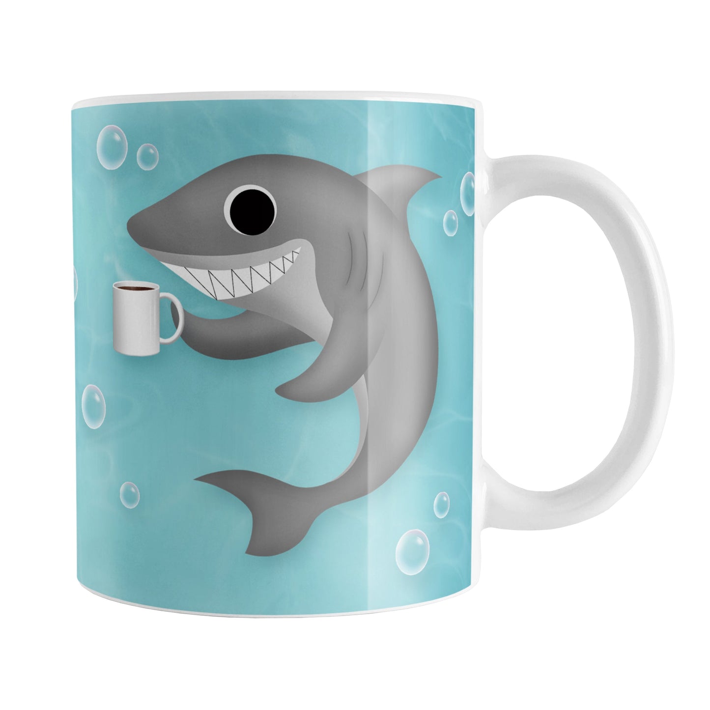 Cute Underwater Coffee Shark Mug (11oz) at Amy's Coffee Mugs. A ceramic coffee mug designed with an under the sea illustration of a cute shark smiling and holding a cup of coffee on both sides of the mug over a turquoise underwater background with bubbles that wraps around the mug up to the handle.