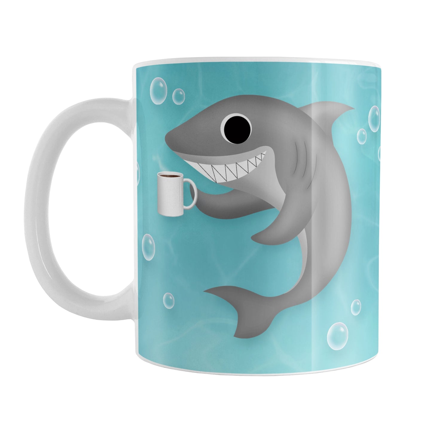 Cute Underwater Coffee Shark Mug (11oz) at Amy's Coffee Mugs. A ceramic coffee mug designed with an under the sea illustration of a cute shark smiling and holding a cup of coffee on both sides of the mug over a turquoise underwater background with bubbles that wraps around the mug up to the handle.