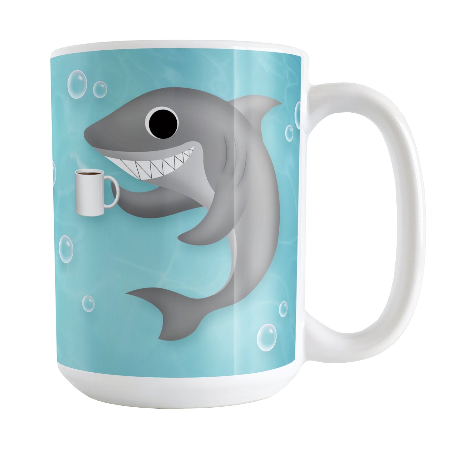 Cute Underwater Coffee Shark Mug (15oz) at Amy's Coffee Mugs. A ceramic coffee mug designed with an under the sea illustration of a cute shark smiling and holding a cup of coffee on both sides of the mug over a turquoise underwater background with bubbles that wraps around the mug up to the handle.