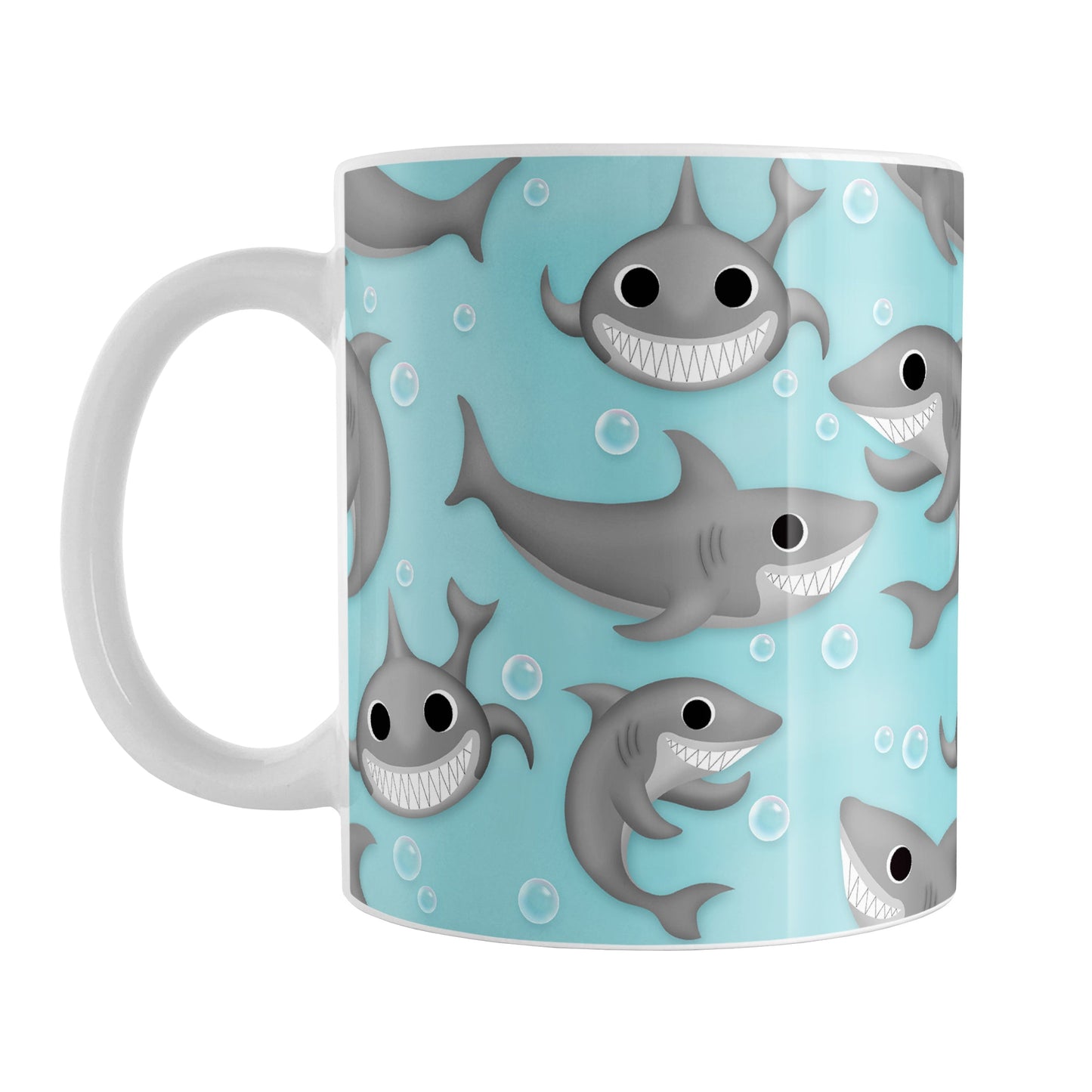 Cute Underwater Shark Pattern Mug (11oz) at Amy's Coffee Mugs. A ceramic coffee mug designed with happy and smiling sharks and bubbles in a pattern over a turquoise blue water background that wraps around the mug up to the handle.