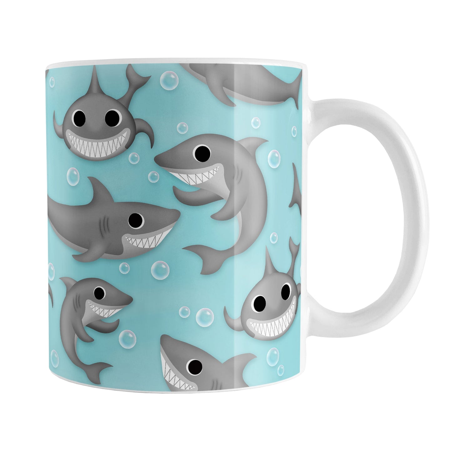 Cute Underwater Shark Pattern Mug (11oz) at Amy's Coffee Mugs. A ceramic coffee mug designed with happy and smiling sharks and bubbles in a pattern over a turquoise blue water background that wraps around the mug up to the handle.