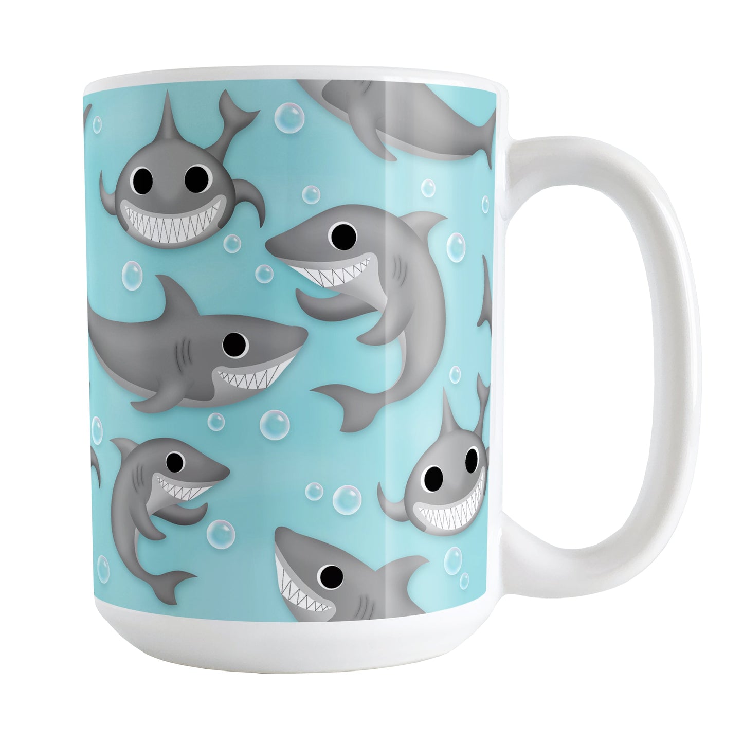 Cute Underwater Shark Pattern Mug (15oz) at Amy's Coffee Mugs. A ceramic coffee mug designed with happy and smiling sharks and bubbles in a pattern over a turquoise blue water background that wraps around the mug up to the handle.