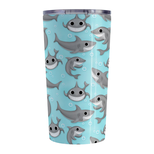 Cute Underwater Shark Pattern Tumbler Cup (20oz, stainless steel insulated) at Amy's Coffee Mugs. A tumbler cup designed with happy and smiling sharks and bubbles in a pattern over a turquoise blue water background that wraps around the cup.