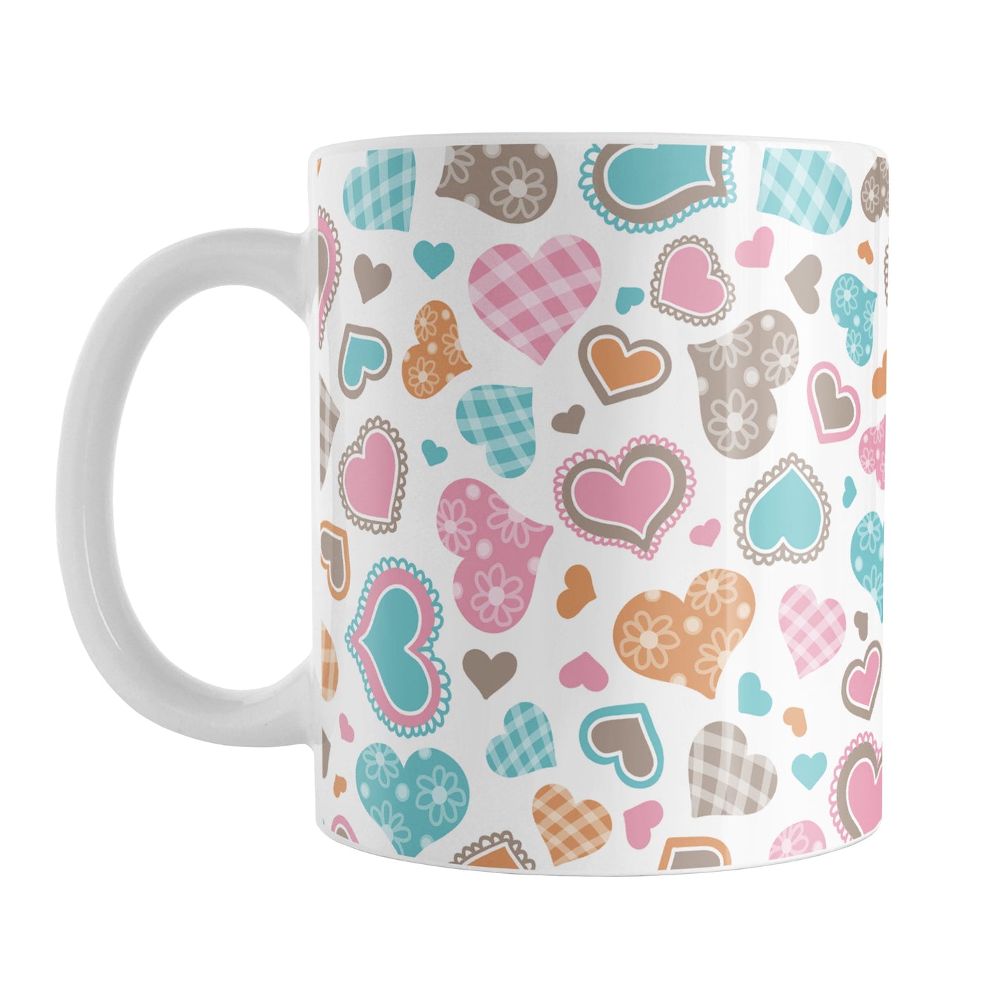 Cutesy Hearts Pattern Mug (11oz) at Amy's Coffee Mugs. This ceramic coffee mug is designed with adorable little hearts in pink, turquoise, orange, and brown. This pattern of cute hearts wraps around the mug to the handle.