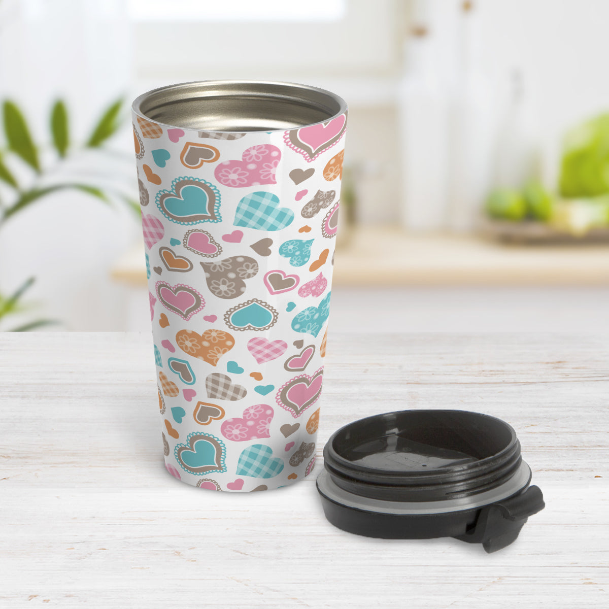 Cutesy Hearts Pattern Travel Mug (15oz) at Amy's Coffee Mugs