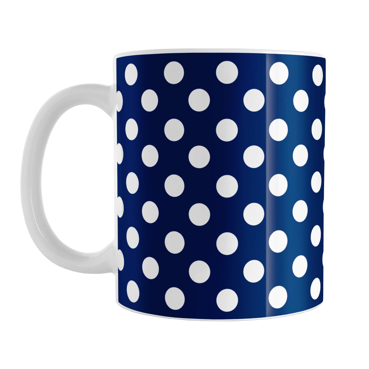 Dark Blue Polka Dot Mug (11oz) at Amy's Coffee Mugs.  A ceramic coffee mug designed with a dark blue polka dot pattern with white dots over a dark blue, close to a navy blue, background color. This polka dotted pattern wraps around the mug to the handle.