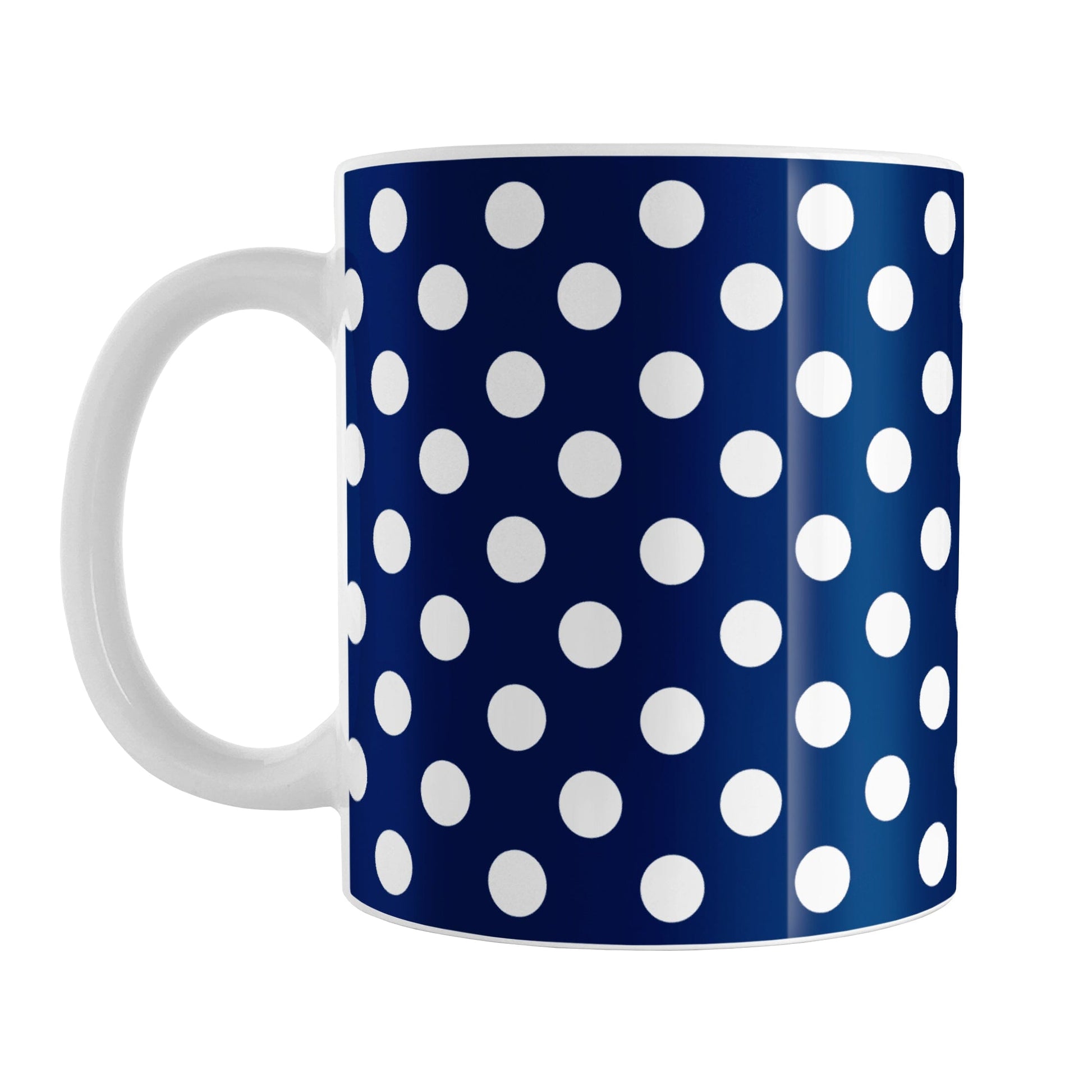 Dark Blue Polka Dot Mug (11oz) at Amy's Coffee Mugs.  A ceramic coffee mug designed with a dark blue polka dot pattern with white dots over a dark blue, close to a navy blue, background color. This polka dotted pattern wraps around the mug to the handle.
