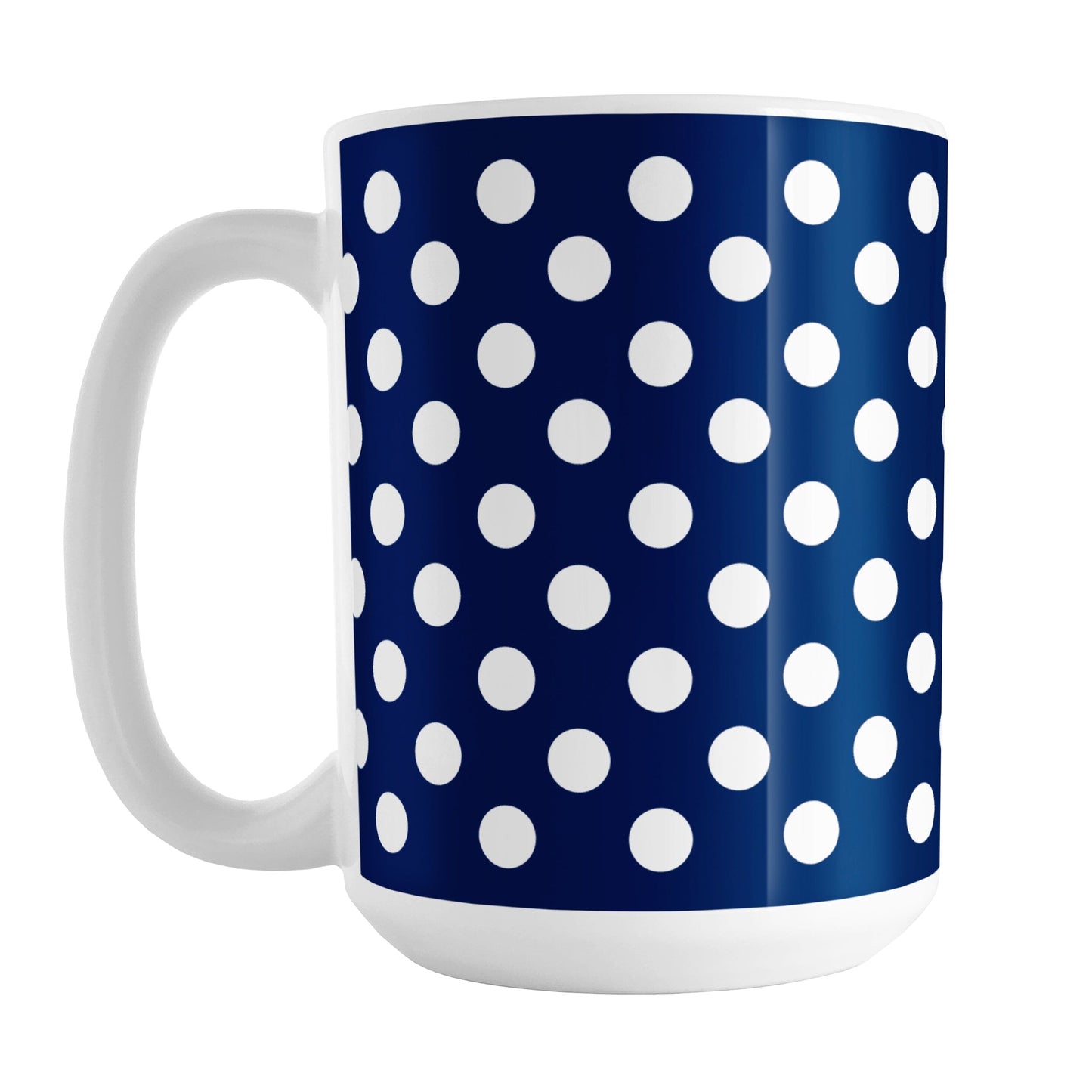 Dark Blue Polka Dot Mug (15oz) at Amy's Coffee Mugs.  A ceramic coffee mug designed with a dark blue polka dot pattern with white dots over a dark blue, close to a navy blue, background color. This polka dotted pattern wraps around the mug to the handle.