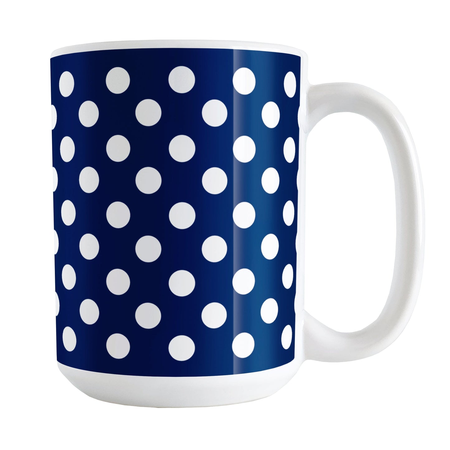 Dark Blue Polka Dot Mug (15oz) at Amy's Coffee Mugs.  A ceramic coffee mug designed with a dark blue polka dot pattern with white dots over a dark blue, close to a navy blue, background color. This polka dotted pattern wraps around the mug to the handle.