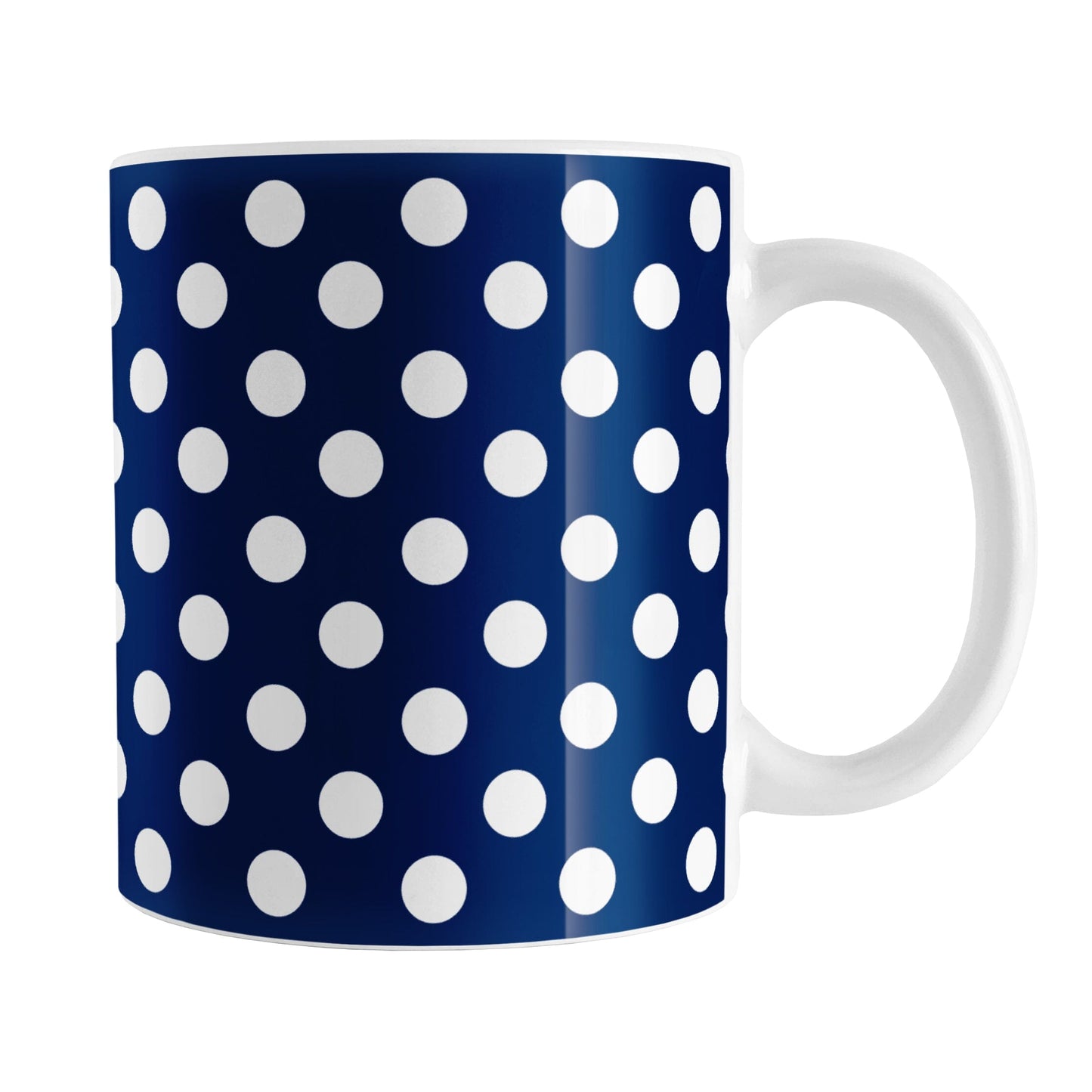 Dark Blue Polka Dot Mug (11oz) at Amy's Coffee Mugs.  A ceramic coffee mug designed with a dark blue polka dot pattern with white dots over a dark blue, close to a navy blue, background color. This polka dotted pattern wraps around the mug to the handle.