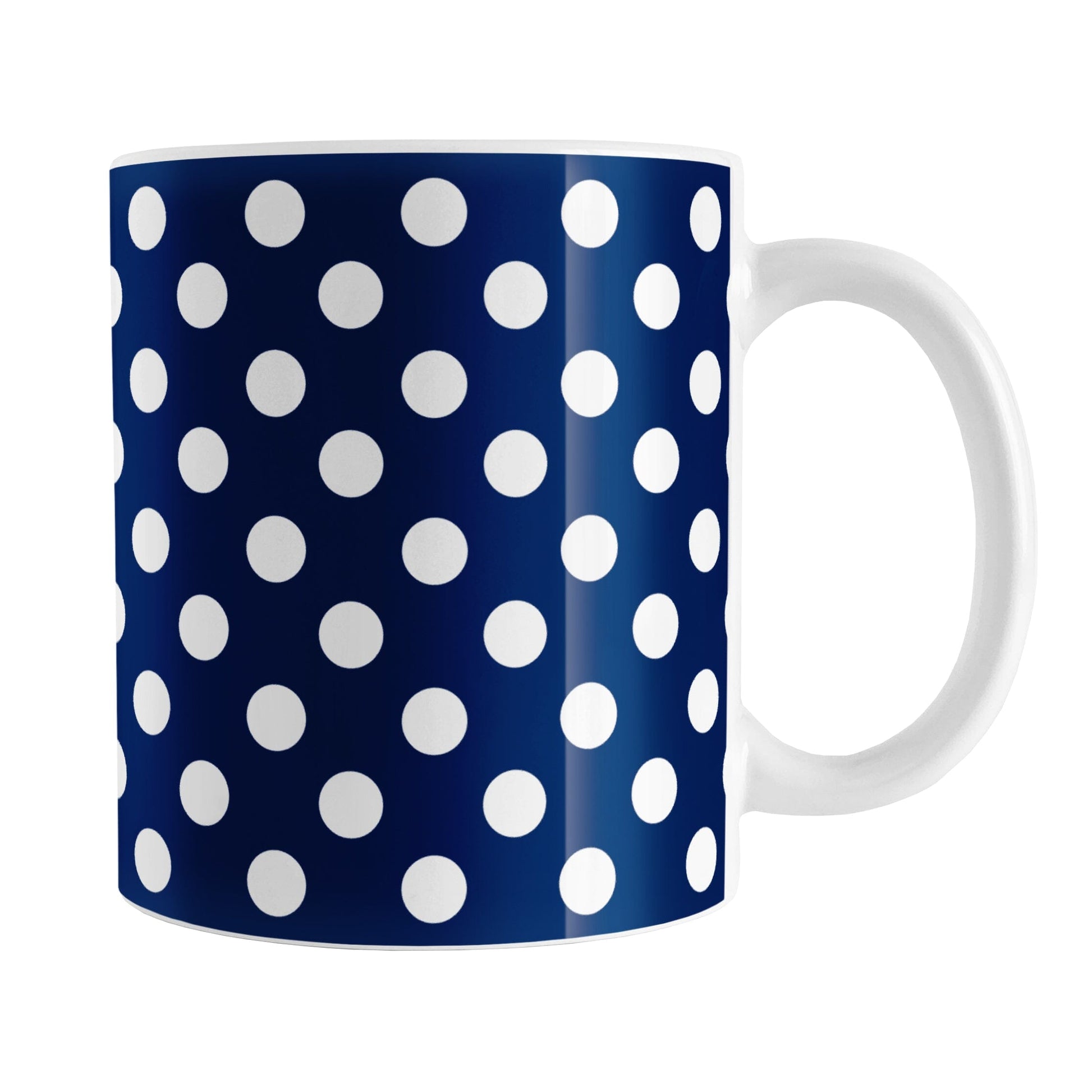 Dark Blue Polka Dot Mug (11oz) at Amy's Coffee Mugs.  A ceramic coffee mug designed with a dark blue polka dot pattern with white dots over a dark blue, close to a navy blue, background color. This polka dotted pattern wraps around the mug to the handle.