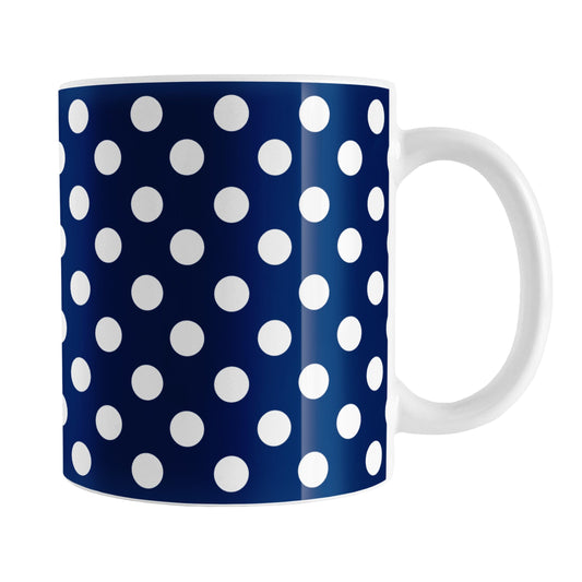Dark Blue Polka Dot Mug (11oz) at Amy's Coffee Mugs.  A ceramic coffee mug designed with a dark blue polka dot pattern with white dots over a dark blue, close to a navy blue, background color. This polka dotted pattern wraps around the mug to the handle.