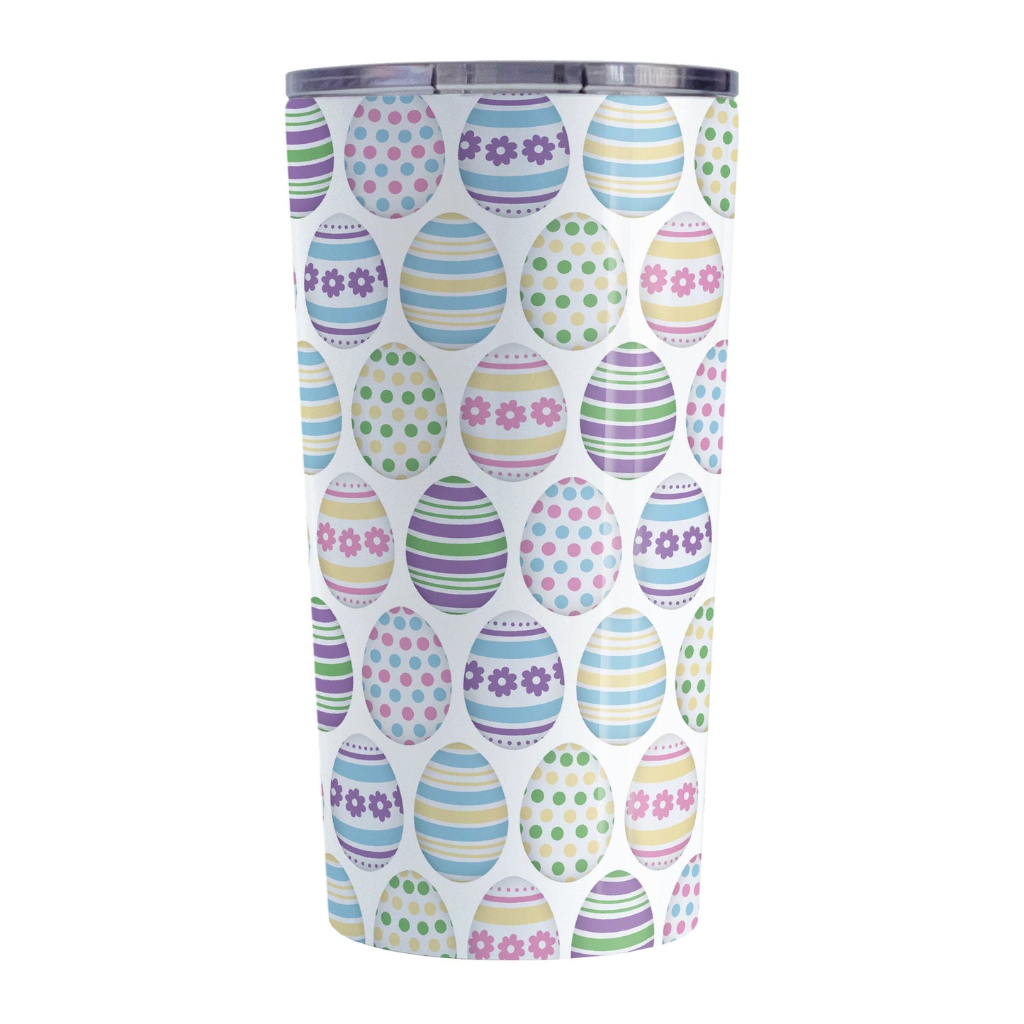 Easter Eggs Tumbler Cup (20oz) at Amy's Coffee Mugs. A stainless steel tumbler cup designed with a pattern of Easter eggs decorated with stripes, polka dots, and flowers in fun Easter-inspired colors.