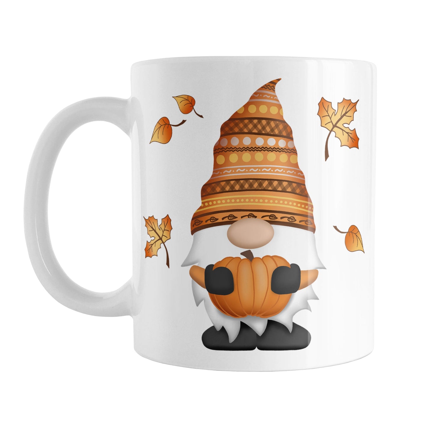 Fall Pumpkin Gnome Mug (11oz) at Amy's Coffee Mugs. A ceramic coffee mug designed with a fall themed gnome holding an orange pumpkin with an orange festive hat, and leaves in the air around it, on both sides of the mug.