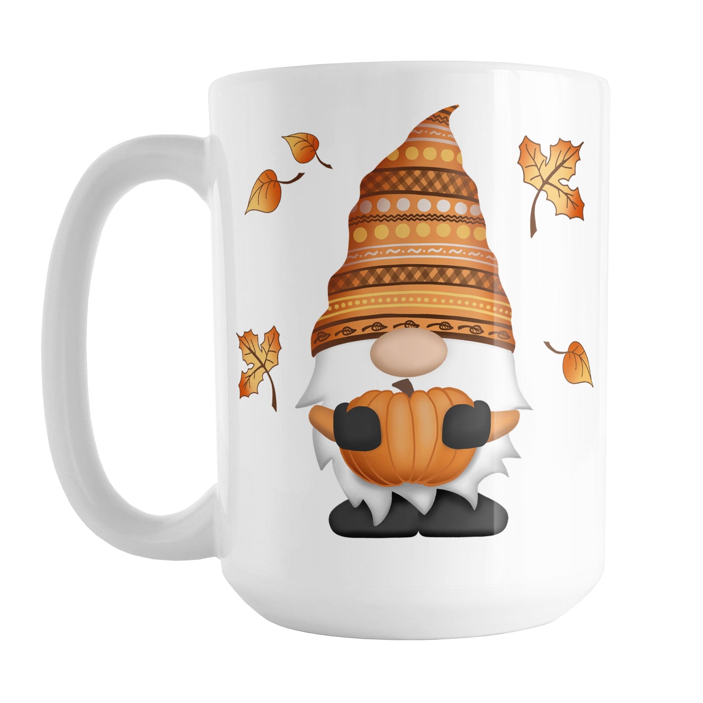 Fall Pumpkin Gnome Mug (15oz) at Amy's Coffee Mugs. A ceramic coffee mug designed with a fall themed gnome holding an orange pumpkin with an orange festive hat, and leaves in the air around it, on both sides of the mug.