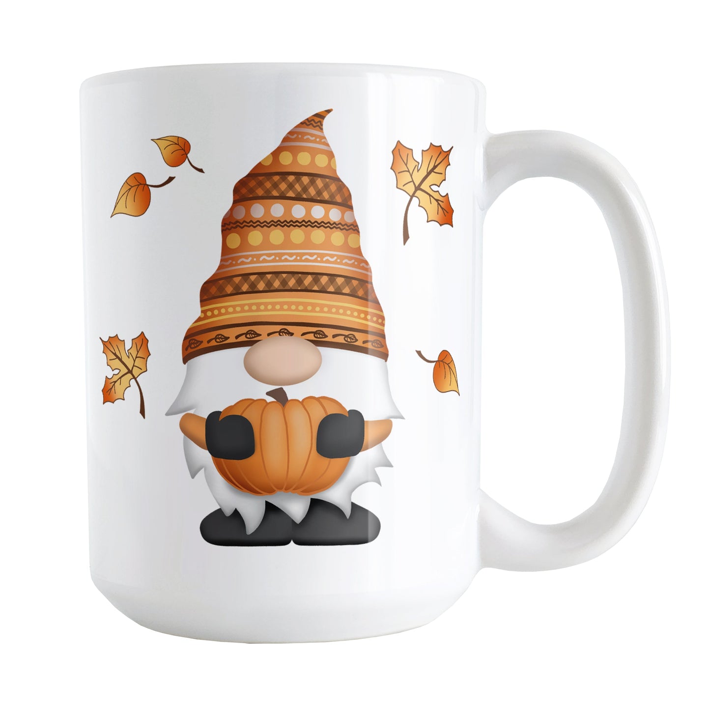 Fall Pumpkin Gnome Mug (15oz) at Amy's Coffee Mugs. A ceramic coffee mug designed with a fall themed gnome holding an orange pumpkin with an orange festive hat, and leaves in the air around it, on both sides of the mug.