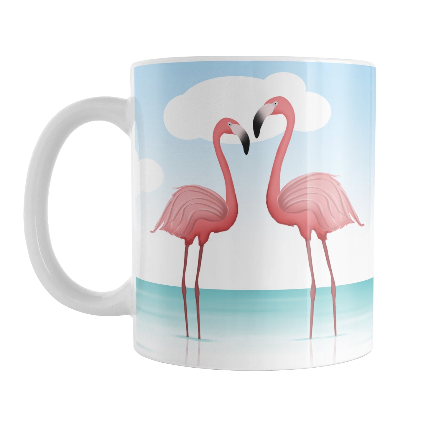 Flamingos in the Water Mug (11oz) at Amy's Coffee Mugs. A ceramic coffee mug designed with an illustration of 2 pink flamingos standing in the water near the beach with a blue sky behind them. These two facing flamingos are on both sides of the mug while the scenic background wraps around the mug up to the handle.