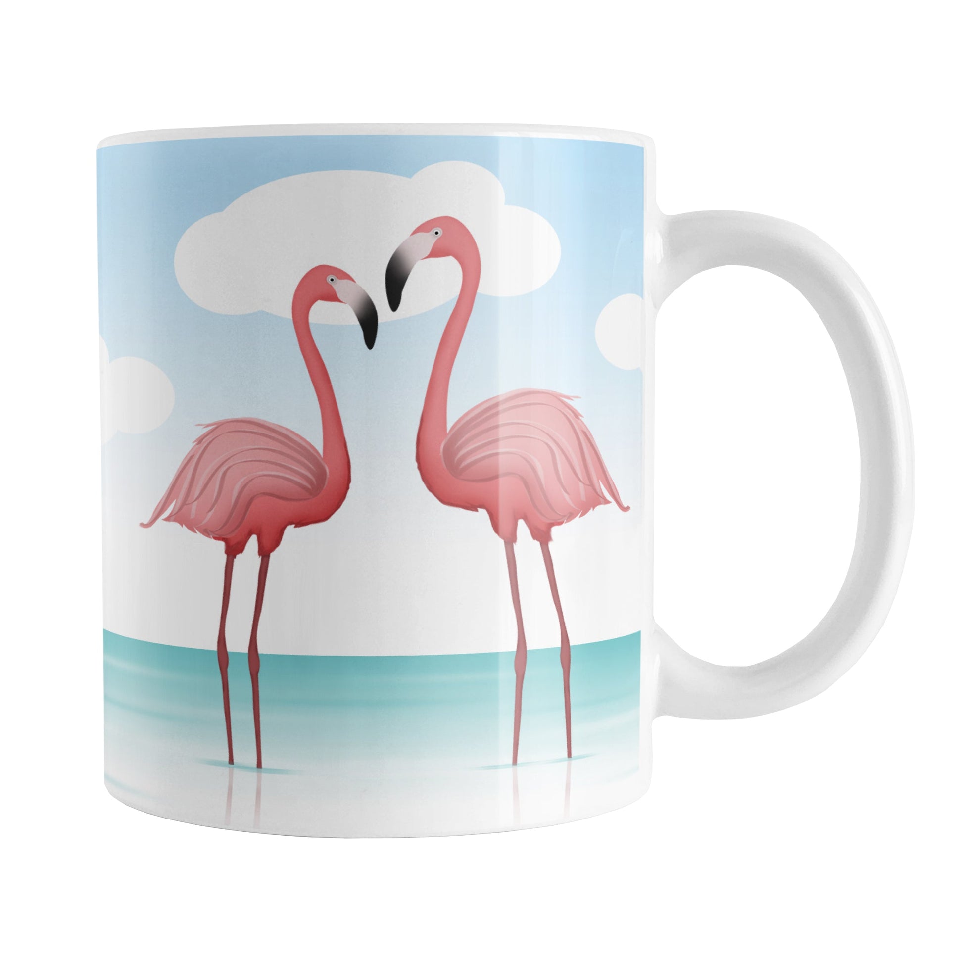 Flamingos in the Water Mug (11oz) at Amy's Coffee Mugs. A ceramic coffee mug designed with an illustration of 2 pink flamingos standing in the water near the beach with a blue sky behind them. These two facing flamingos are on both sides of the mug while the scenic background wraps around the mug up to the handle.