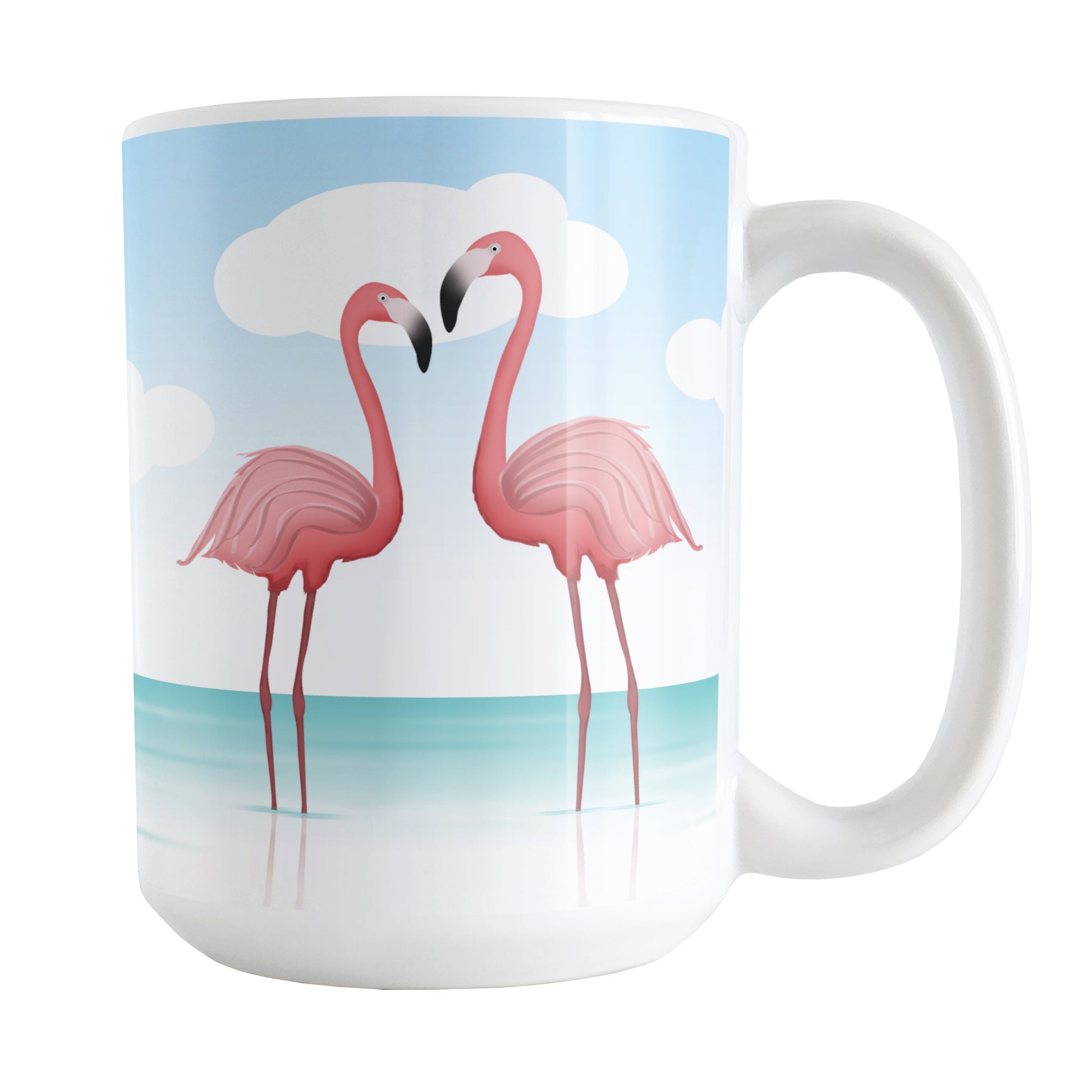 Flamingos in the Water Mug (15oz) at Amy's Coffee Mugs. A ceramic coffee mug designed with an illustration of 2 pink flamingos standing in the water near the beach with a blue sky behind them. These two facing flamingos are on both sides of the mug while the scenic background wraps around the mug up to the handle.