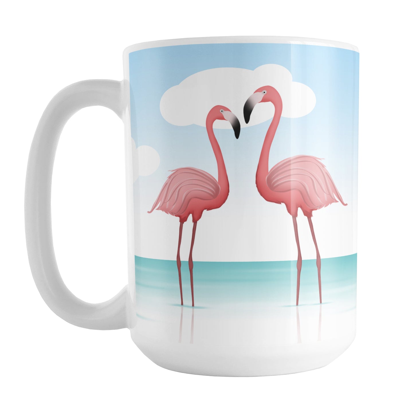 Flamingos in the Water Mug (15oz) at Amy's Coffee Mugs. A ceramic coffee mug designed with an illustration of 2 pink flamingos standing in the water near the beach with a blue sky behind them. These two facing flamingos are on both sides of the mug while the scenic background wraps around the mug up to the handle.