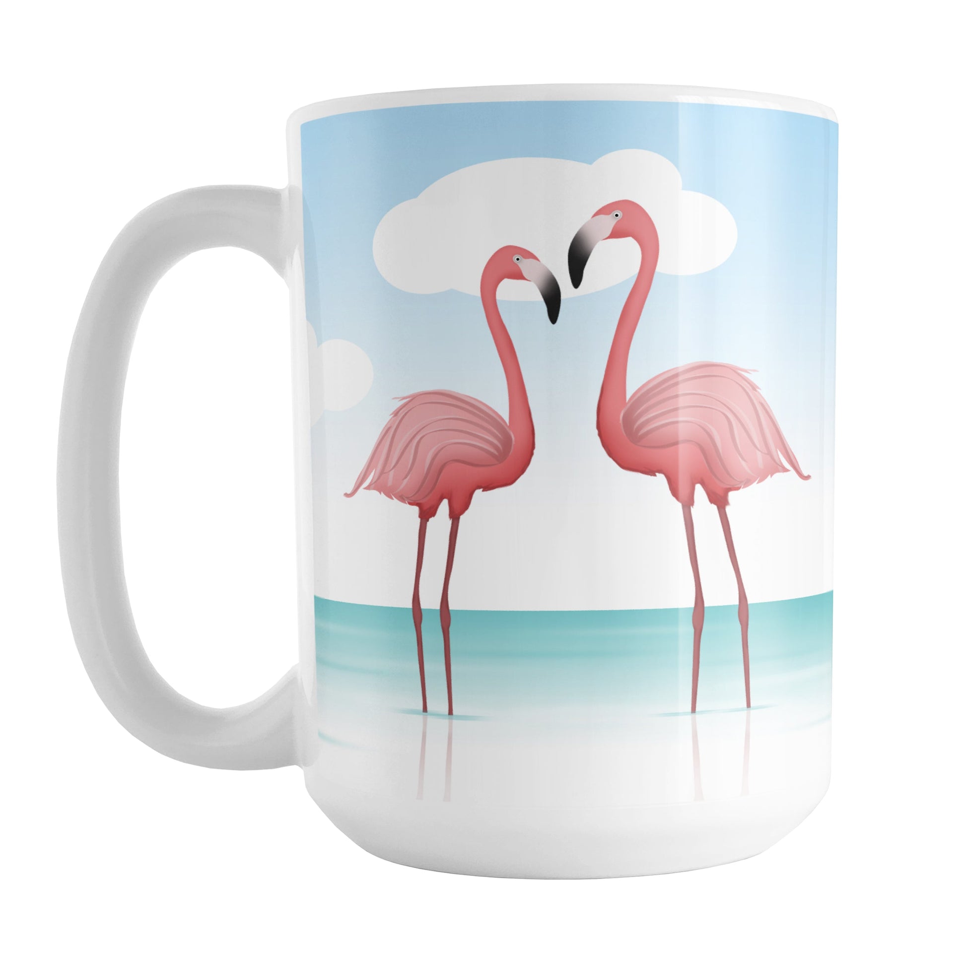 Flamingos in the Water Mug (15oz) at Amy's Coffee Mugs. A ceramic coffee mug designed with an illustration of 2 pink flamingos standing in the water near the beach with a blue sky behind them. These two facing flamingos are on both sides of the mug while the scenic background wraps around the mug up to the handle.