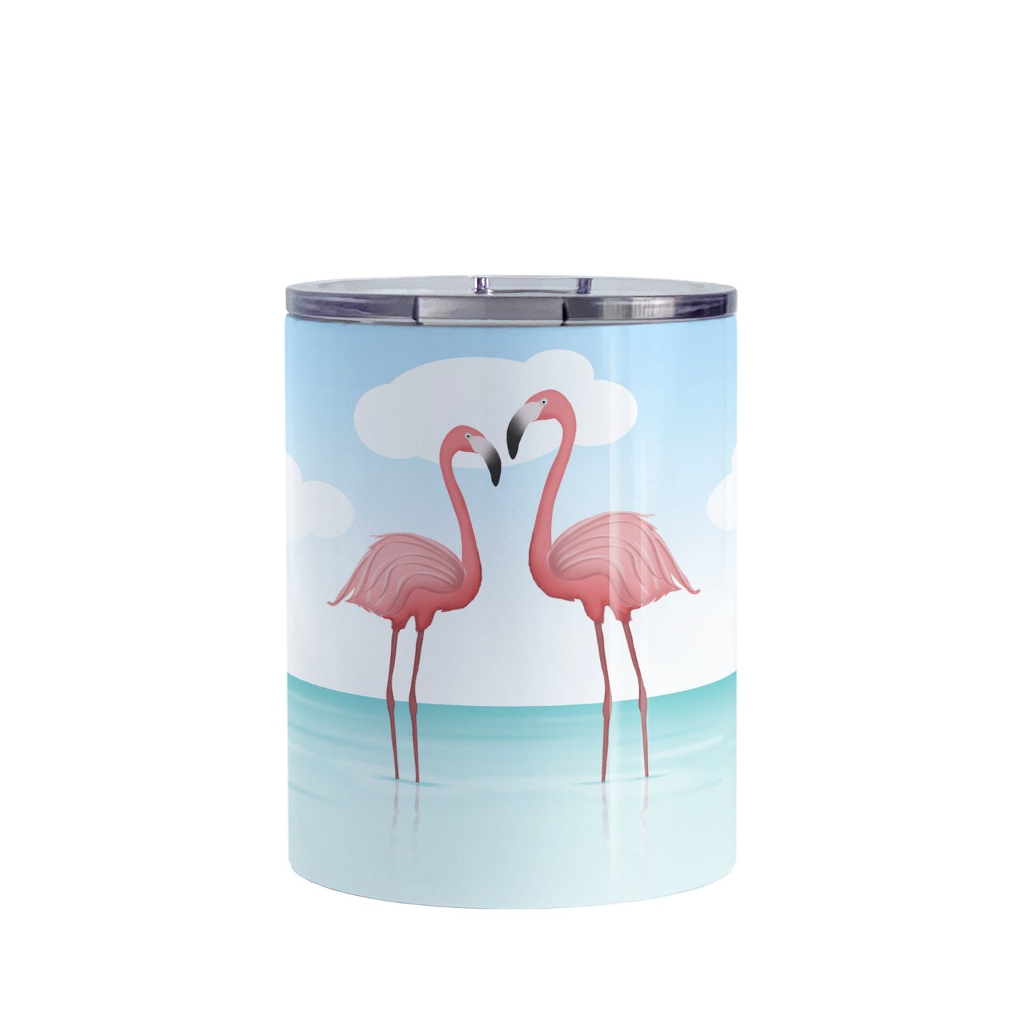 Flamingos in the Water Tumbler Cup (10oz) at Amy's Coffee Mugs. A stainless steel tumbler cup designed with an illustration of two pink flamingos standing in the ocean water, with fresh and clean open water with ripples and a bright blue sky.