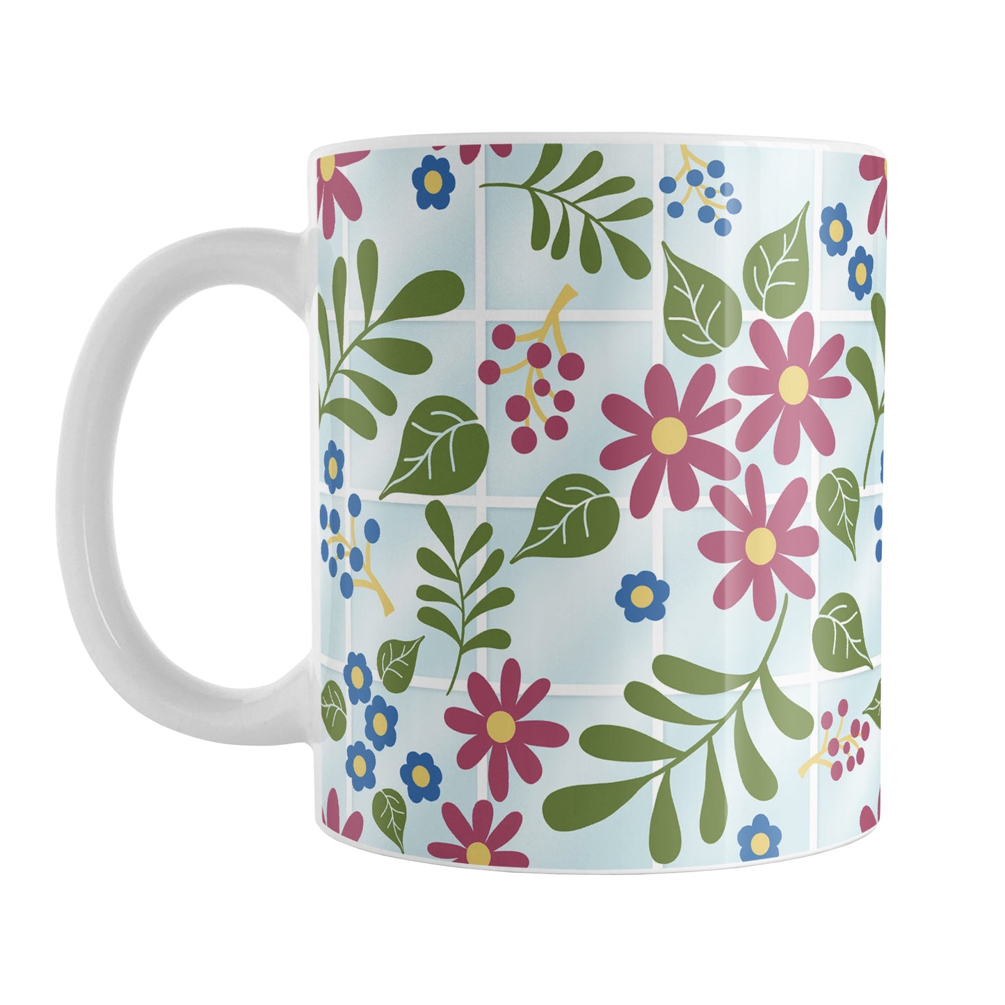 Flowers in the Greenhouse Mug (11oz) at Amy's Coffee Mugs. A ceramic coffee mug designed with a beautiful simple floral pattern with burgundy, blue, and green flowers and leaves over light blue nursery or greenhouse glass windows background design that wraps around the mug up to the handle.