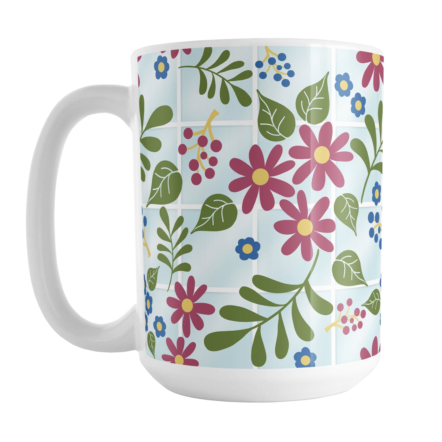 Flowers in the Greenhouse Mug (15oz) at Amy's Coffee Mugs. A ceramic coffee mug designed with a beautiful simple floral pattern with burgundy, blue, and green flowers and leaves over light blue nursery or greenhouse glass windows background design that wraps around the mug up to the handle.