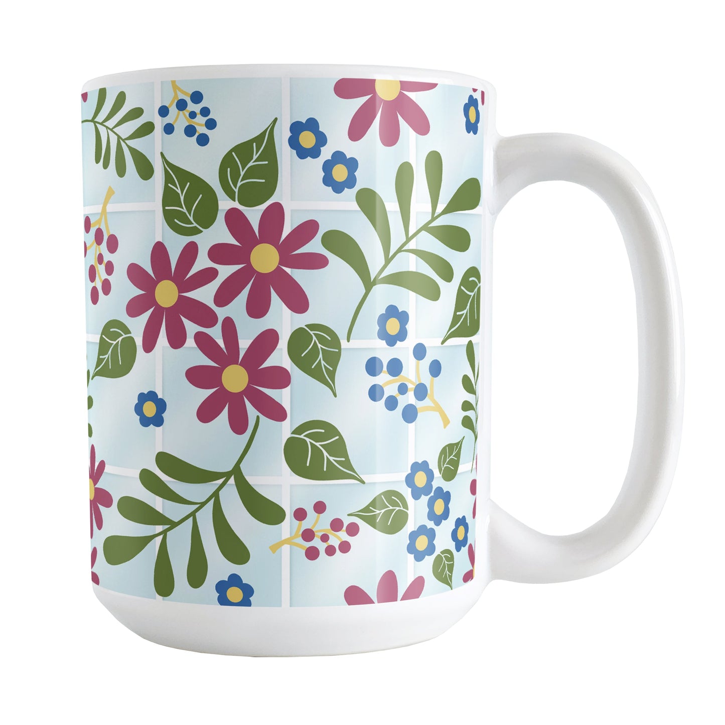Flowers in the Greenhouse Mug (15oz) at Amy's Coffee Mugs. A ceramic coffee mug designed with a beautiful simple floral pattern with burgundy, blue, and green flowers and leaves over light blue nursery or greenhouse glass windows background design that wraps around the mug up to the handle.