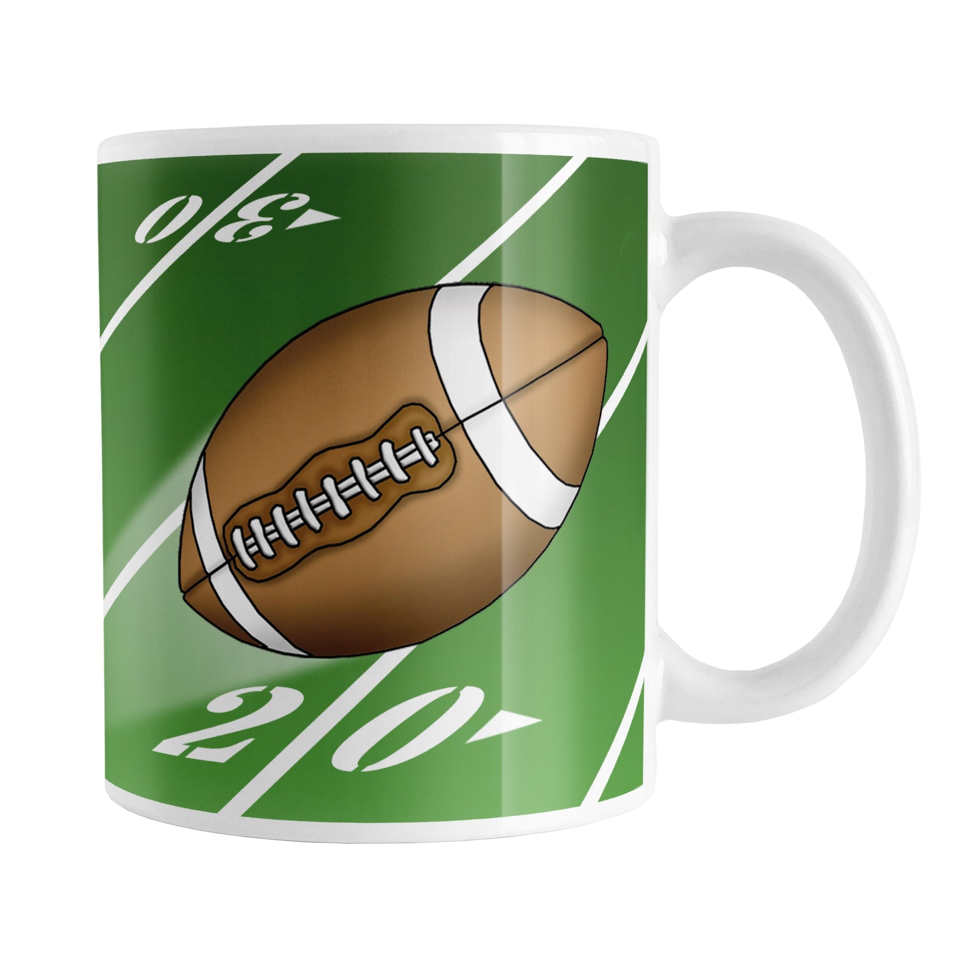 Football Field Green Mug (11oz) at Amy's Coffee Mugs. A ceramic coffee mug designed with an illustration depicting a football being thrown through the air over a football field design background. This football-in-action illustration is on both sides of the mug, while the football field background wraps around the mug up to the handle.