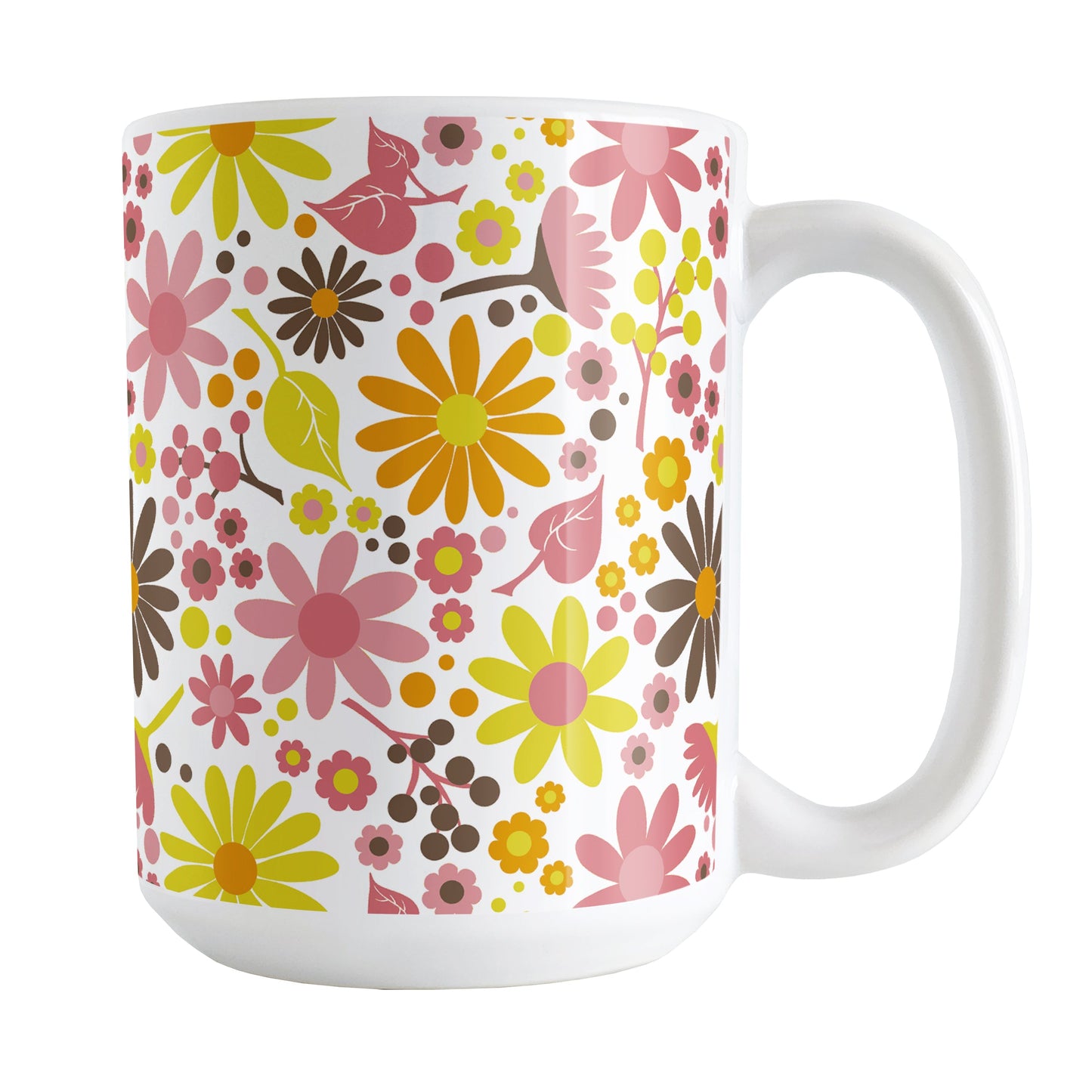 Fruity Summer Flowers Mug (15oz) at Amy's Coffee Mugs. A ceramic coffee mug designed with pretty fruity-colored flowers and leaves with berry pink, orange, yellow, and brown colors in a floral pattern that wraps around the mug up to the handle.