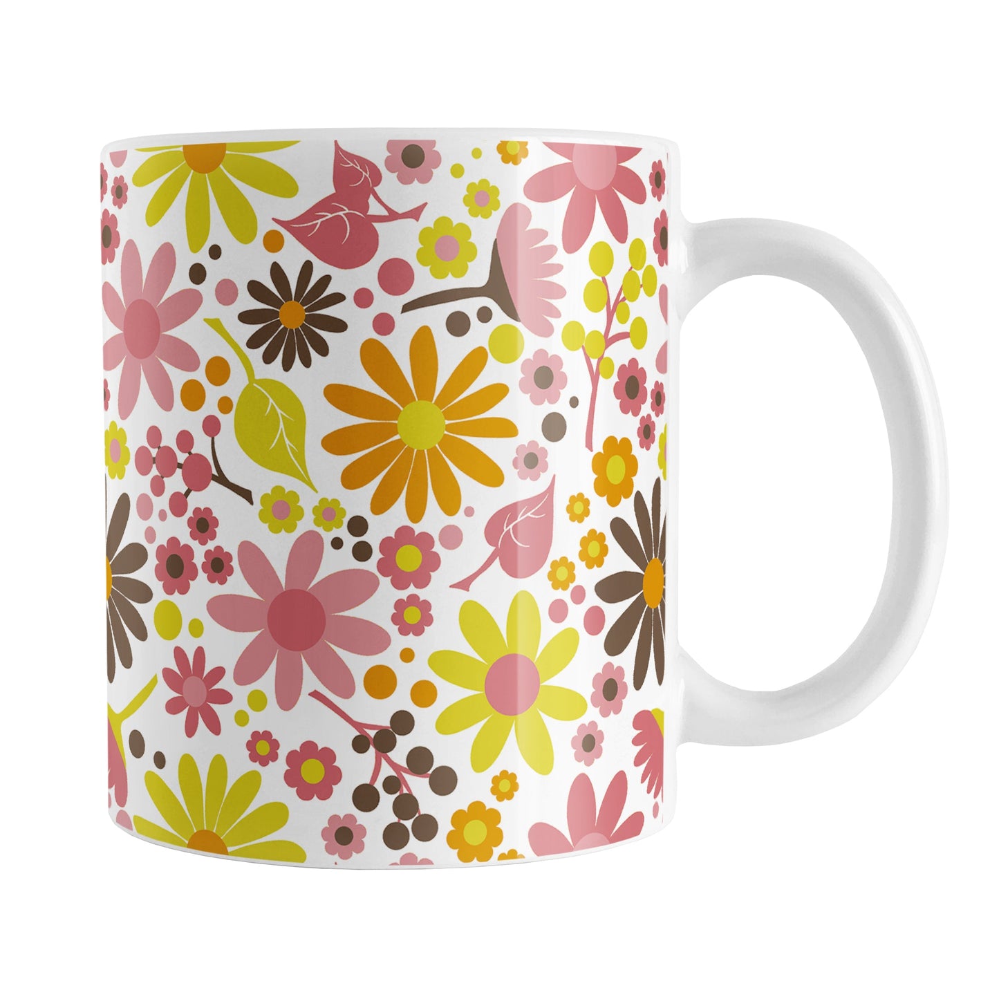 Fruity Summer Flowers Mug (11oz) at Amy's Coffee Mugs. A ceramic coffee mug designed with pretty fruity-colored flowers and leaves with berry pink, orange, yellow, and brown colors in a floral pattern that wraps around the mug up to the handle.