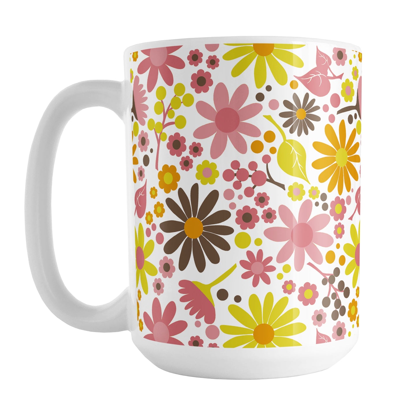 Fruity Summer Flowers Mug (15oz) at Amy's Coffee Mugs. A ceramic coffee mug designed with pretty fruity-colored flowers and leaves with berry pink, orange, yellow, and brown colors in a floral pattern that wraps around the mug up to the handle.