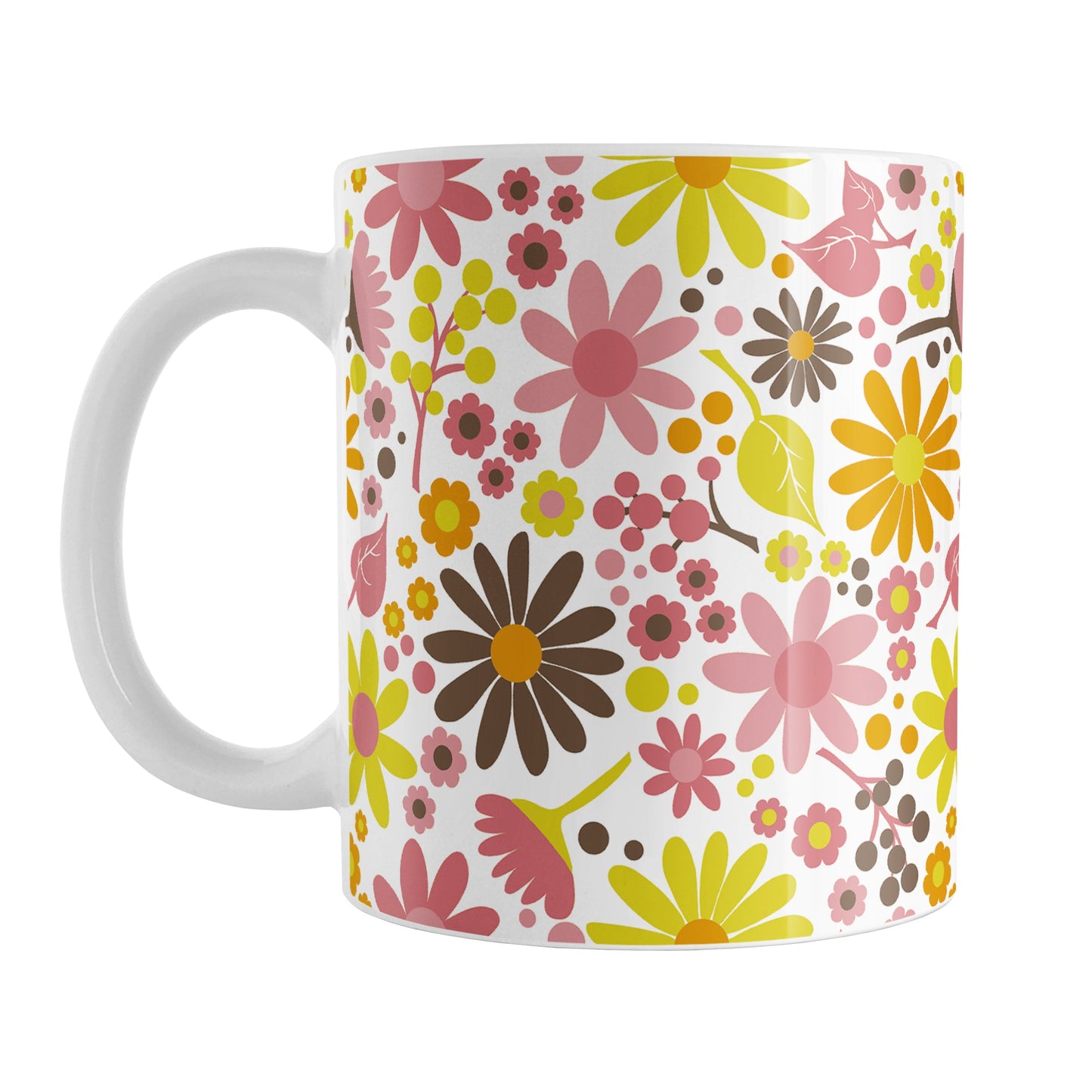 Fruity Summer Flowers Mug (11oz) at Amy's Coffee Mugs. A ceramic coffee mug designed with pretty fruity-colored flowers and leaves with berry pink, orange, yellow, and brown colors in a floral pattern that wraps around the mug up to the handle.