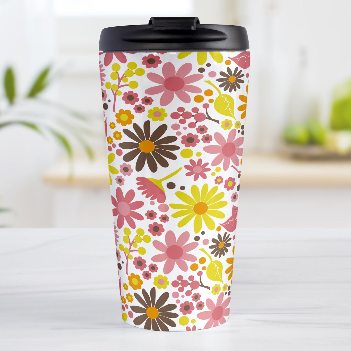Fruity Summer Flowers Travel Mug (15oz) at Amy's Coffee Mugs. A travel mug designed with pretty fruity-colored flowers and leaves with berry pink, orange, yellow, and brown colors in a floral pattern that wraps around the travel mug.