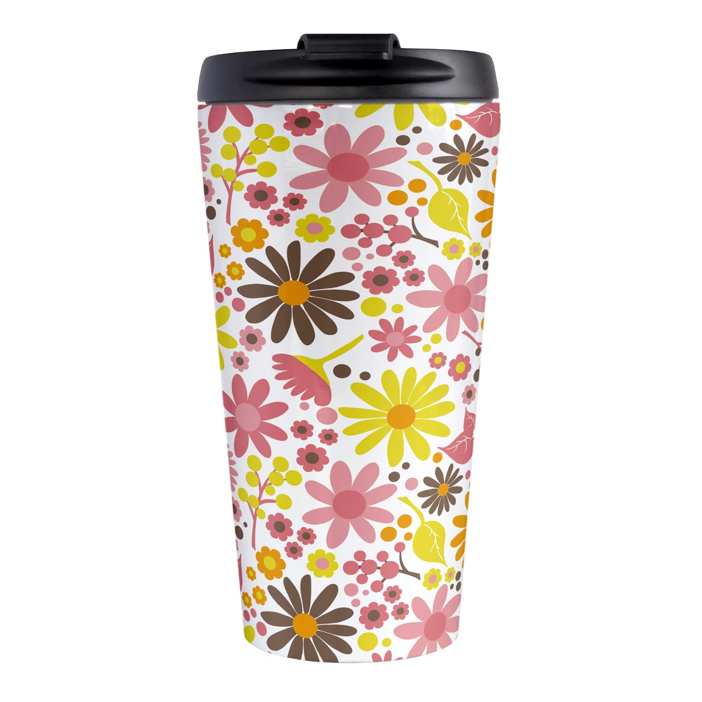 Fruity Summer Flowers Travel Mug (15oz) at Amy's Coffee Mugs. A travel mug designed with pretty fruity-colored flowers and leaves with berry pink, orange, yellow, and brown colors in a floral pattern that wraps around the travel mug.
