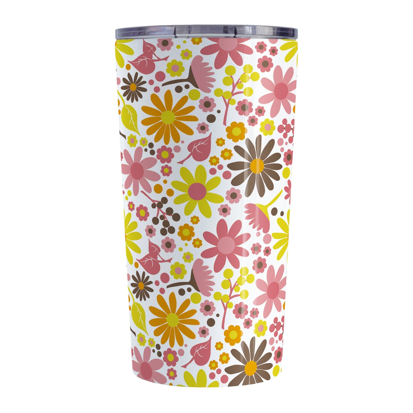 Fruity Summer Flowers Tumbler Cup (20oz, stainless steel insulated) at Amy's Coffee Mugs. A tumbler cup designed with pretty fruity-colored flowers and leaves with berry pink, orange, yellow, and brown colors in a floral pattern that wraps around the cup.