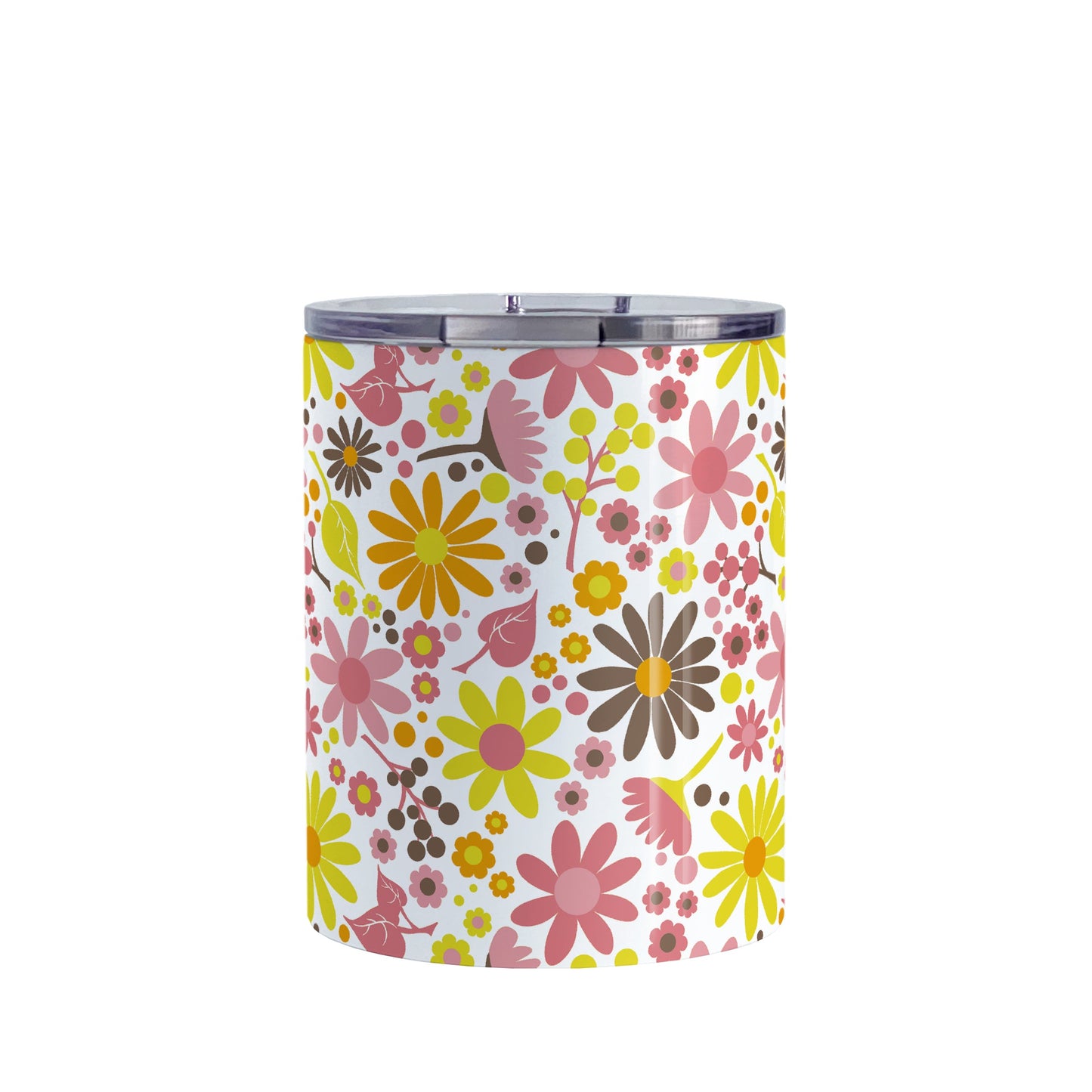 Fruity Summer Flowers Tumbler Cup (10oz, stainless steel insulated) at Amy's Coffee Mugs. A tumbler cup designed with pretty fruity-colored flowers and leaves with berry pink, orange, yellow, and brown colors in a floral pattern that wraps around the cup.