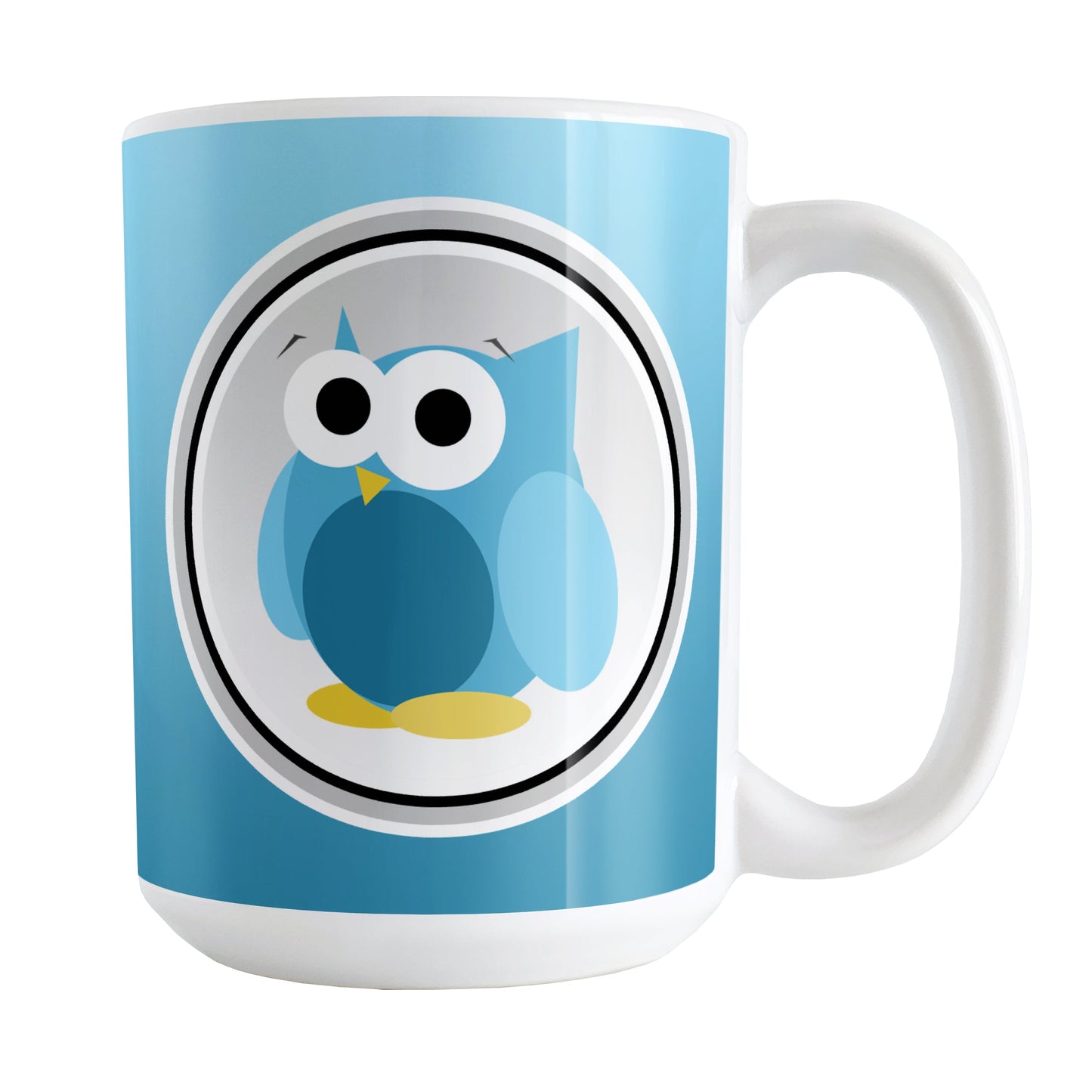 Funny Cute Blue Owl Mug (15oz) at Amy's Coffee Mugs. A ceramic coffee mug designed with a funny and cute blue owl in a white circle outlined in black and gray over a gradient blue background color that wraps around the mug to the handle. The owl illustration is on both sides of the mug.