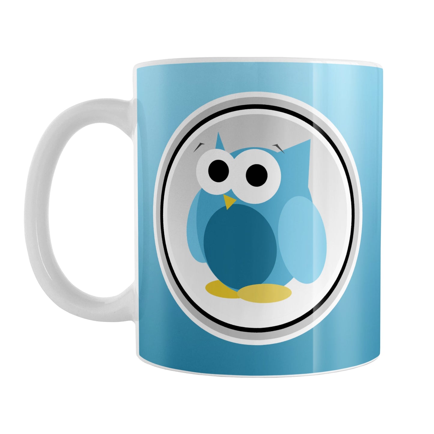Funny Cute Blue Owl Mug (11oz) at Amy's Coffee Mugs. A ceramic coffee mug designed with a funny and cute blue owl in a white circle outlined in black and gray over a gradient blue background color that wraps around the mug to the handle. The owl illustration is on both sides of the mug.