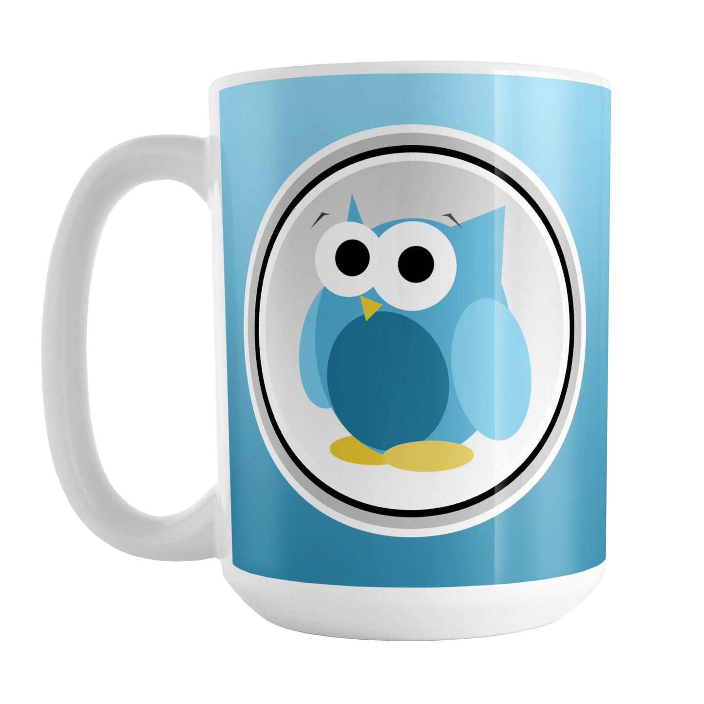 Funny Cute Blue Owl Mug (15oz) at Amy's Coffee Mugs. A ceramic coffee mug designed with a funny and cute blue owl in a white circle outlined in black and gray over a gradient blue background color that wraps around the mug to the handle. The owl illustration is on both sides of the mug.