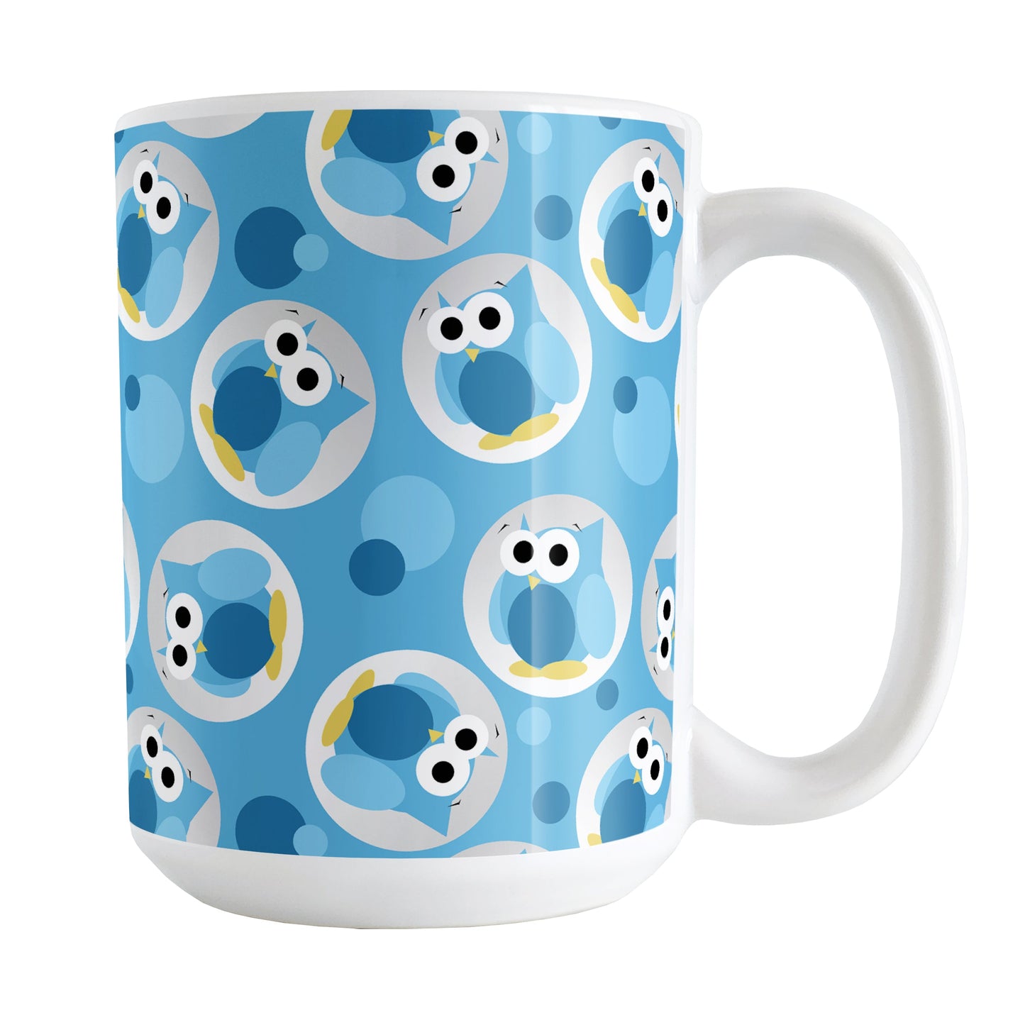 Funny Cute Blue Owl Pattern Mug (15oz) at Amy's Coffee Mugs. A ceramic coffee mug designed with a pattern of funny and cute blue owls in a light gray circles scattered over a blue background color that wraps around the mug.